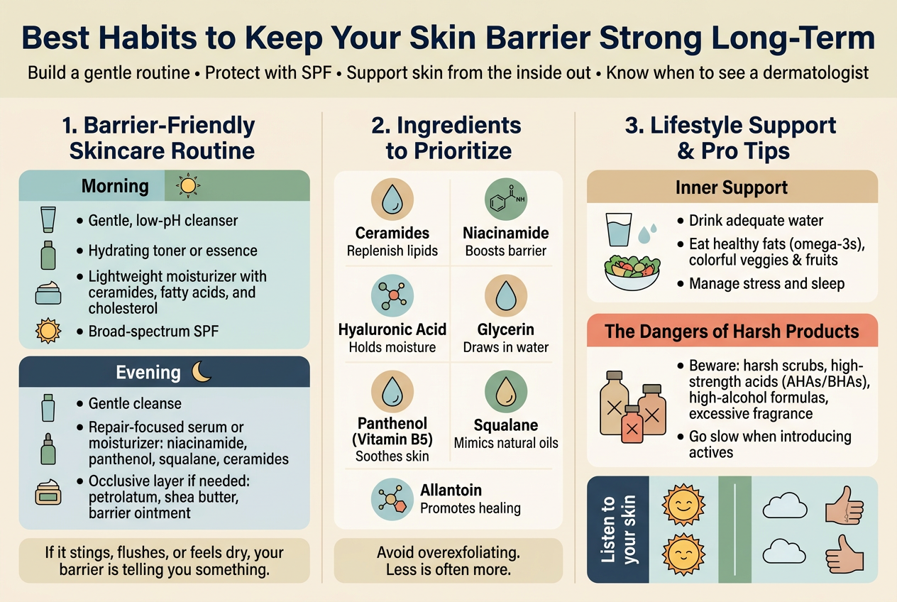 Create a full-bleed, professional skincare infographic in a 3:2 landscape layout with a clean modern flat-vector style, soft cream background, muted teal, sage green, warm beige, and coral accent colors, crisp sans-serif typography, bold navy headings, and clear visual hierarchy.

Top banner across the full width with a bold headline in large text: "Best Habits to Keep Your Skin Barrier Strong Long-Term"

Directly under the title, add a smaller subtitle strip with the text: "Build a gentle routine • Protect with SPF • Support skin from the inside out • Know when to see a dermatologist"

Main body arranged in a wide 3-column layout with section cards and icons:

LEFT COLUMN: "1. Barrier-Friendly Skincare Routine"
- Use a split morning/evening card with small sun and moon icons.
- Morning block with four bullet rows and matching small icons:
  - "Gentle, low-pH cleanser"
  - "Hydrating toner or essence"
  - "Lightweight moisturizer with ceramides, fatty acids, and cholesterol"
  - "Broad-spectrum SPF"
- Evening block with three bullet rows:
  - "Gentle cleanse"
  - "Repair-focused serum or moisturizer: niacinamide, panthenol, squalane, ceramides"
  - "Occlusive layer if needed: petrolatum, shea butter, barrier ointment"
- Add a small note box at the bottom: "If it stings, flushes, or feels dry, your barrier is telling you something."

CENTER COLUMN: "2. Ingredients to Prioritize"
- Use a tidy 7-item grid with small droplet, leaf, or molecule icons.
- Include these exact labels:
  - "Ceramides"
  - "Niacinamide"
  - "Hyaluronic Acid"
  - "Glycerin"
  - "Panthenol (Vitamin B5)"
  - "Squalane"
  - "Allantoin"
- Under each label, add very short benefit text in smaller font:
  - "Replenish lipids"
  - "Boosts