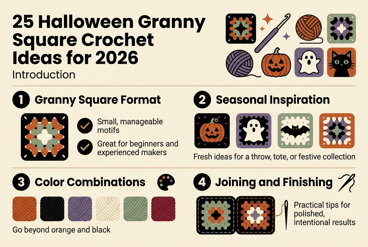 Full-bleed horizontal infographic, aspect ratio 3:2, clean modern craft editorial style, Halloween-themed crochet aesthetic. Use a warm cream background with deep black, burnt orange, muted purple, sage green, and cream accents. Bold sans-serif headline at the top left reading "25 Halloween Granny Square Crochet Ideas for 2026" with a smaller subtitle underneath reading "Introduction". Arrange the layout in wide horizontal sections, not a vertical poster.
Top band: large title on the left; on the right place a cluster of illustrated granny squares, crochet hook, yarn ball, pumpkin, ghost, and black cat icons in a polished flat-vector style.
Center-left section labeled with a black circular number icon "1" and the heading "Granny Square Format". Include a large illustrated granny square motif and short body text: "Small, manageable motifs" and "Great for beginners and experienced makers". Add a checkmark icon.
Center-right section labeled with a black circular number icon "2" and the heading "Seasonal Inspiration". Include three small square thumbnails with spooky crochet motifs: pumpkin square, ghost square, bat square. Add body text: "Fresh ideas for a throw, tote bag, or festive collection".
Bottom-left section labeled with a black circular number icon "3" and the heading "Color Combinations". Show a row of yarn swatches in burnt orange, black, purple, cream, sage green, and dark red. Add body text: "Go beyond orange and black". Include a palette icon.
Bottom-right section labeled with a black circular number icon "4" and the heading "Joining and Finishing". Show two joined granny squares with a neat border stitch line and a tidy seam detail. Add body text: "Practical tips for polished, intentional results". Include a stitch-needle icon.
At the bottom across the