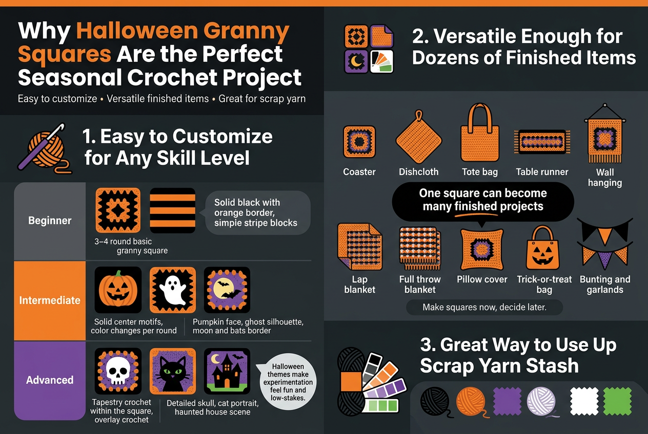 Create a full-bleed 3:2 infographic with a Halloween crochet theme, clean professional flat-vector style, dark charcoal background with orange, purple, black, white, and green accents, bold modern sans-serif fonts, high contrast, organized in wide horizontal sections and multi-column blocks.
Top header spanning the full width: large bold title in white and orange text, centered-left: "Why Halloween Granny Squares Are the Perfect Seasonal Crochet Project"
Add a small subtitle under the title in smaller white text: "Easy to customize • Versatile finished items • Great for scrap yarn"
Main body in three wide sections across the canvas, each with a large icon and clear heading:
Left section with a crochet hook and yarn icon:
Heading: "1. Easy to Customize for Any Skill Level"
Include a 3-row comparison block with labeled rows and small square motif thumbnails:
"Beginner" — "3–4 round basic granny square" — "Solid black with orange border, simple stripe blocks"
"Intermediate" — "Solid center motifs, color changes per round" — "Pumpkin face, ghost silhouette, moon and bats border"
"Advanced" — "Tapestry crochet within the square, overlay crochet" — "Detailed skull, cat portrait, haunted house scene"
Add a small note in a rounded callout: "Halloween themes make experimentation feel fun and low-stakes."
Center section with a grid of finished-item icons:
Heading: "2. Versatile Enough for Dozens of Finished Items"
Show a neat array of 10 labeled crochet item illustrations: coaster, dishcloth, tote bag, table runner, wall hanging, lap blanket, full throw blanket, pillow cover, trick-or-treat bag, bunting and garlands.
Include a bold center callout box reading: "One square can become many finished projects"
Add a small line beneath: "Make squares now, decide later."
Right section with yarn skeins and color swatches icon:
Heading: "3. Great Way to Use Up Scrap Yarn Stash"
Show colored yarn balls and swatches in black, orange, purple, white, and green.
Include