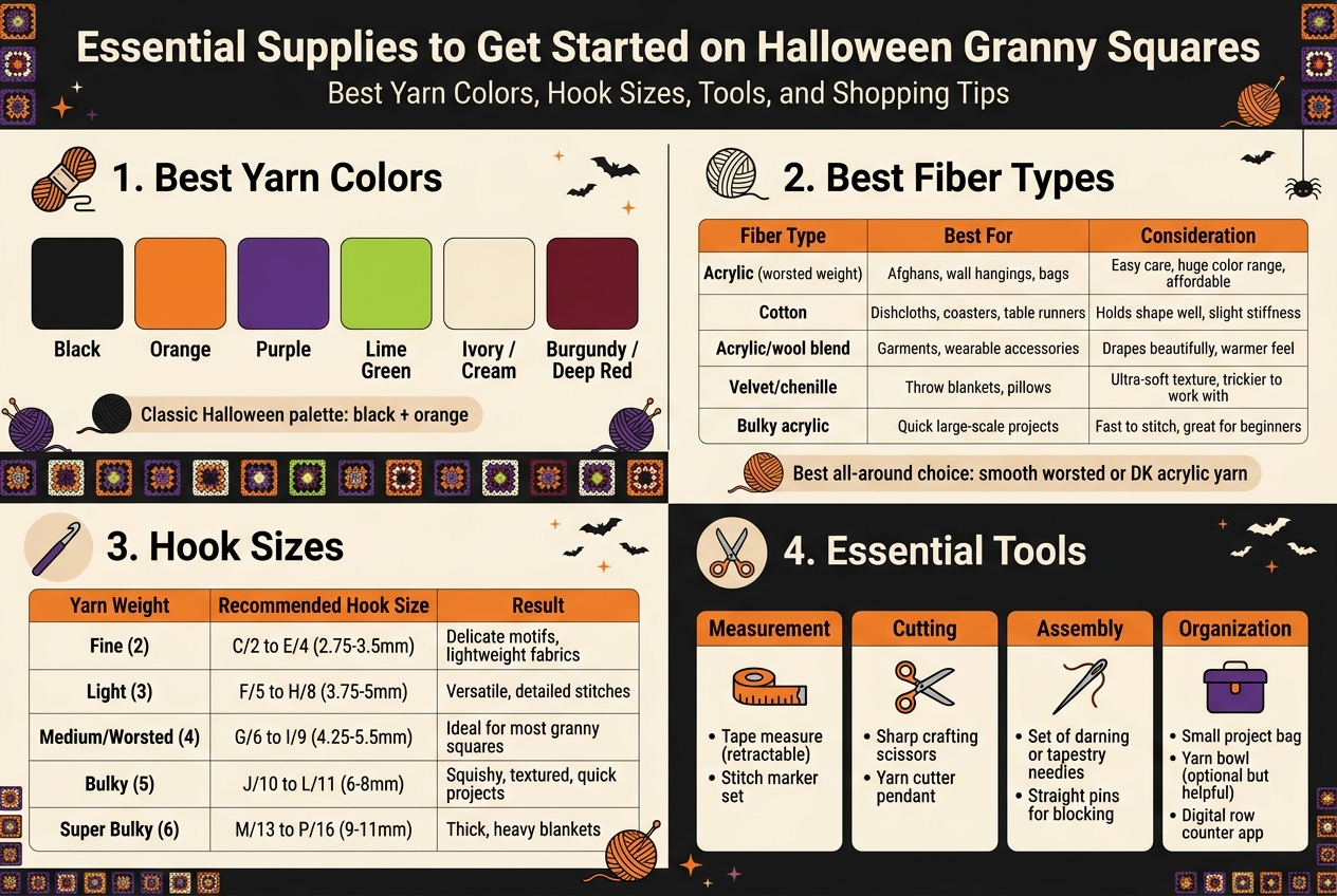 Create a clean, professional full-bleed infographic illustration in a wide 3:2 aspect ratio, Halloween crochet theme, with a black charcoal background, orange and purple accents, soft cream text panels, and subtle spooky motifs like tiny bats, stars, yarn balls, and granny-square borders. Use bold modern sans-serif headings and readable body text. Organize the layout in a wide 4-section horizontal grid with clear icons and visual hierarchy.
Top header spanning the full width:
Large bold title text: "Essential Supplies to Get Started on Halloween Granny Squares"
Subtitle below in smaller text: "Best Yarn Colors, Hook Sizes, Tools, and Shopping Tips"
Section 1 on the upper left, titled "1. Best Yarn Colors" with a yarn skein icon and a color swatch row:
Show labeled swatches for:
"Black"
"Orange"
"Purple"
"Lime Green"
"Ivory / Cream"
"Burgundy / Deep Red"
Add a small note box: "Classic Halloween palette: black + orange"
Section 2 on the upper right, titled "2. Best Fiber Types" with a yarn fiber icon and a compact table-style block:
Use three columns labeled "Fiber Type", "Best For", "Consideration"
Rows:
"Acrylic (worsted weight)" — "Afghans, wall hangings, bags" — "Easy care, huge color range, affordable"
"Cotton" — "Dishcloths, coasters, table runners" — "Holds shape well, slight stiffness"
"Acrylic/wool blend" — "Garments, wearable accessories" — "Drapes beautifully, warmer feel"
"Velvet/chenille" — "Throw blankets, pillows" — "Ultra-soft texture, trickier to work with"
"Bulky acrylic" — "Quick large-scale projects" — "Fast to stitch, great for beginners"
Add a highlighted callout with a yarn ball icon: "Best all-around choice: smooth worsted or DK acrylic yarn"
Section 3 across the lower left, titled "3. Hook Sizes" with a crochet hook icon and a simple chart:
Use columns labeled "Yarn Weight", "Recommended Hook Size", "Result