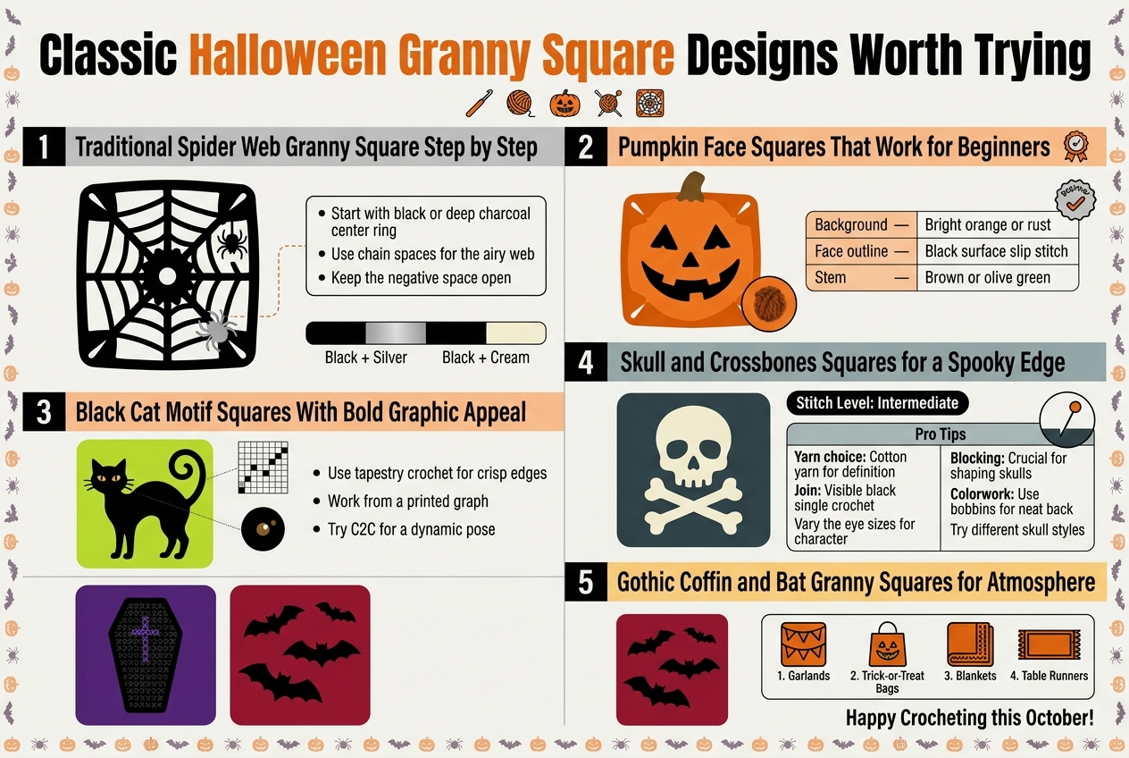 Create a full-bleed 3:2 infographic illustration titled "Classic Halloween Granny Square Designs Worth Trying" with a clean professional layout, wide horizontal sections, bold modern sans-serif headline at the top, and a Halloween craft aesthetic using black, orange, silver, cream, deep purple, teal, amber, and charcoal.
Top header: large bold title in black and orange with a small crochet hook, yarn ball, and pumpkin icon row beneath it.
Use five wide numbered sections arranged in two columns across the page with clear dividers and small motif illustrations in each section:
1. Left upper section: "Traditional Spider Web Granny Square Step by Step"
Show a black granny square with a centered magic ring, radiating chain-5 or chain-7 web openings, and a tiny spider in one corner.
Add a small callout box with three bullet points:
"Start with black or deep charcoal center ring"
"Use chain spaces for the airy web"
"Keep the negative space open"
Include a palette strip labeled "Black + Silver" and "Black + Cream".
2. Right upper section: "Pumpkin Face Squares That Work for Beginners"
Show an orange granny square with a jack-o-lantern face, triangle eyes, crooked grin, and small brown stem.
Add a simple mini table with three rows:
"Background — Bright orange or rust"
"Face outline — Black surface slip stitch"
"Stem — Brown or olive green"
Include a small beginner badge icon and a bobble stitch detail circle.
3. Left middle section: "Black Cat Motif Squares With Bold Graphic Appeal"
Show a black cat silhouette on a bright lime green or deep purple background, with arched back, pointed ears, curling tail, and tiny gold eyes.
Add three short design tips in bullet style:
"Use tapestry crochet for crisp edges"
"Work from a printed graph"
"Try C2C for a dynamic pose"
Include a small graph-grid icon and a tiny French knot eye detail.
4. Right middle section: "Skull and Crossbones Squares for a
