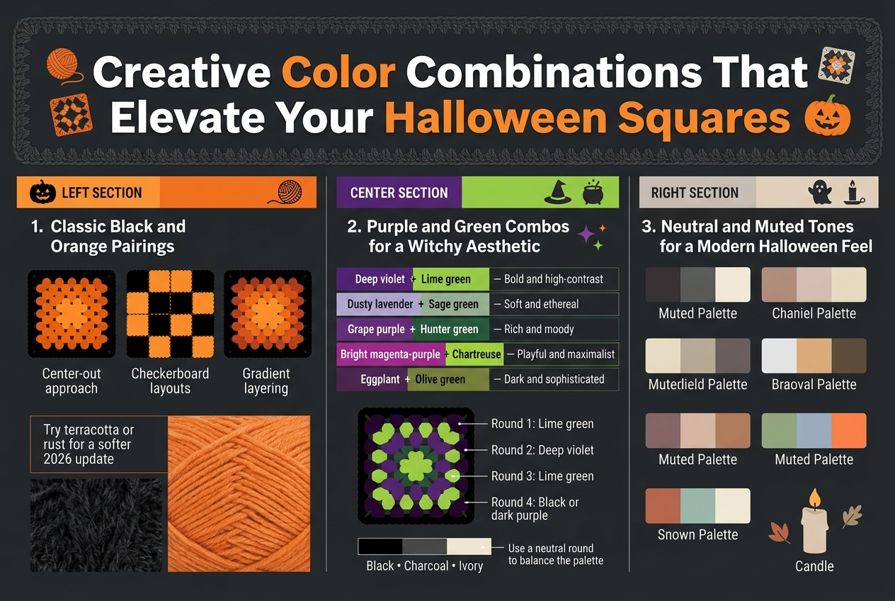 Create a full-bleed 3:2 infographic illustration with a dark charcoal background, Halloween-accent colors, and a clean modern editorial style. At the top, place a large bold heading in white and orange: "Creative Color Combinations That Elevate Your Halloween Squares". Use a subtle crochet-texture border and small yarn-ball, granny-square, and pumpkin icons near the title.
Below the heading, divide the layout into three wide horizontal sections with clear color-coded blocks and visual samples of granny squares.
LEFT SECTION: "1. Classic Black and Orange Pairings" with a black pumpkin icon and orange yarn icon. Show three small granny-square swatches in a row labeled:
"Center-out approach"
"Checkerboard layouts"
"Gradient layering"
Include visual swatches: orange center to black border, alternating black-and-orange checkerboard squares, and burnt orange to tangerine to black border. Add a small note block with the text: "Try terracotta or rust for a softer 2026 update" and a fuzzy black yarn texture sample beside a smooth orange yarn sample.
CENTER SECTION: "2. Purple and Green Combos for a Witchy Aesthetic" with a witch hat icon, cauldron icon, and star sparkles. Show a 5-row mini table with colored bars and text:
"Deep violet + Lime green — Bold and high-contrast"
"Dusty lavender + Sage green — Soft and ethereal"
"Grape purple + Hunter green — Rich and moody"
"Bright magenta-purple + Chartreuse — Playful and maximalist"
"Eggplant + Olive green — Dark and sophisticated"
Below the table, show a 4-round granny square diagram with labeled rounds:
"Round 1: Lime green"
"Round 2: Deep violet"
"Round 3: Lime green"
"Round 4: Black or dark purple"
Add a small neutral accent swatch strip labeled: "Black • Charcoal • Ivory" and a tiny note: "Use a neutral round to balance the palette".
RIGHT SECTION: "3. Neutral and Muted Tones for a Modern Halloween Feel" with a ghost icon, candle icon, and small leaf icon. Show five muted palette swatches in two columns with labels