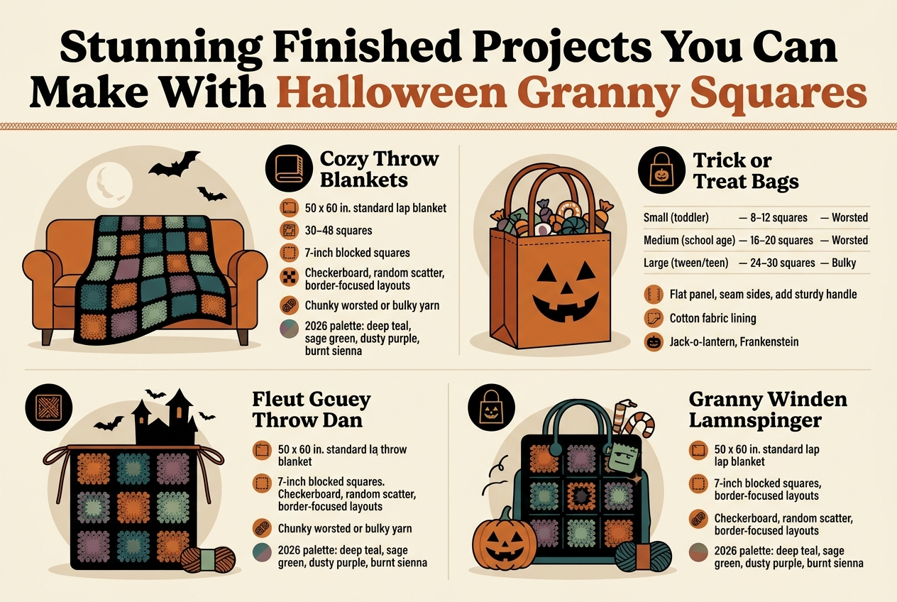 Full-bleed horizontal infographic illustration in 3:2 aspect ratio, clean professional Halloween craft aesthetic, warm cream background with black, burnt orange, deep teal, dusty purple, sage green, and rusty sienna accents, modern playful serif + bold sans-serif typography, crisp vector style, subtle yarn texture details, balanced wide layout with no vertical poster frame.
Top across full width: large bold title in black and burnt orange text, exact wording: "Stunning Finished Projects You Can Make With Halloween Granny Squares"
Below title, a thin horizontal divider with tiny crochet-stitch pattern.
Main body arranged in four wide sections across the page or in a 2-by-2 grid with clear labels and icons:
1) Left top section: large cozy throw blanket illustration on a couch with moon and bats, icon of folded blanket.
Text block title: "Cozy Throw Blankets"
Small bullet callouts with icons:
- "50 x 60 in. standard lap blanket"
- "30–48 squares"
- "7-inch blocked squares"
- "Checkerboard, random scatter, border-focused layouts"
- "Chunky worsted or bulky yarn"
- "2026 palette: deep teal, sage green, dusty purple, burnt sienna"
2) Right top section: illustrated Halloween trick-or-treat bag filled with candy, icon of candy bag with handle.
Text block title: "Trick or Treat Bags"
Small table-style layout with neat rows:
"Small (toddler) — 8–12 squares — Worsted"
"Medium (school age) — 16–20 squares — Worsted"
"Large (tween/teen) — 24–30 squares — Bulky"
Small callouts with icons:
- "Flat panel, seam sides, add sturdy handle"
- "Cotton fabric lining"
- "Jack-o-lantern, Frankenstein