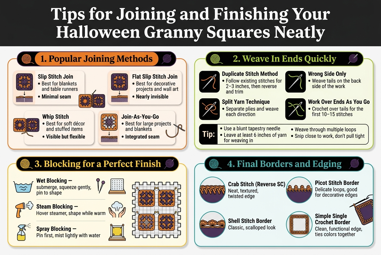 Create a full-bleed infographic illustration in a 3:2 aspect ratio, with a bold Halloween-themed title across the top in large white serif lettering on a dark charcoal background: "Tips for Joining and Finishing Your Halloween Granny Squares Neatly". Use a clean professional layout with four wide horizontal content sections arranged in a 2x2 grid, each section in a rounded rectangle panel with subtle orange outlines, black and deep purple accents, and small crochet-themed icons.
SECTION 1, top left: heading in orange text "1. Popular Joining Methods". Show five small labeled method cards with simple stitch icons and tiny seam visuals:
- "Slip Stitch Join" — text: "Best for blankets and table runners" and "Minimal seam"
- "Single Crochet Join" — text: "Best for decorative projects and wall art" and "Visible ridge"
- "Flat Slip Stitch Join" — text: "Best for wearables and bags" and "Nearly invisible"
- "Whip Stitch" — text: "Best for soft décor and stuffed items" and "Visible but flexible"
- "Join-As-You-Go" — text: "Best for large projects and blankets" and "Integrated seam"
Use mini icons of two granny squares being joined, with one flat seam, one raised ridge, one needle stitch, and one continuous joining path.
SECTION 2, top right: heading in lime green text "2. Weave In Ends Quickly". Show four bullet blocks with yarn tail and tapestry needle icons:
- "Duplicate Stitch Method" — "Follow existing stitches for 2–3 inches, then reverse and trim"
- "Wrong Side Only" — "Weave tails on the back side of the work"
- "Split Yarn Technique" — "Separate plies and weave each direction"
- "Work Over Ends As You Go" — "Crochet over tails for the first 10–15 stitches"
Add a small tip box at the bottom with four mini bullets:
- "Use a blunt tapestry needle"
- "Leave at least