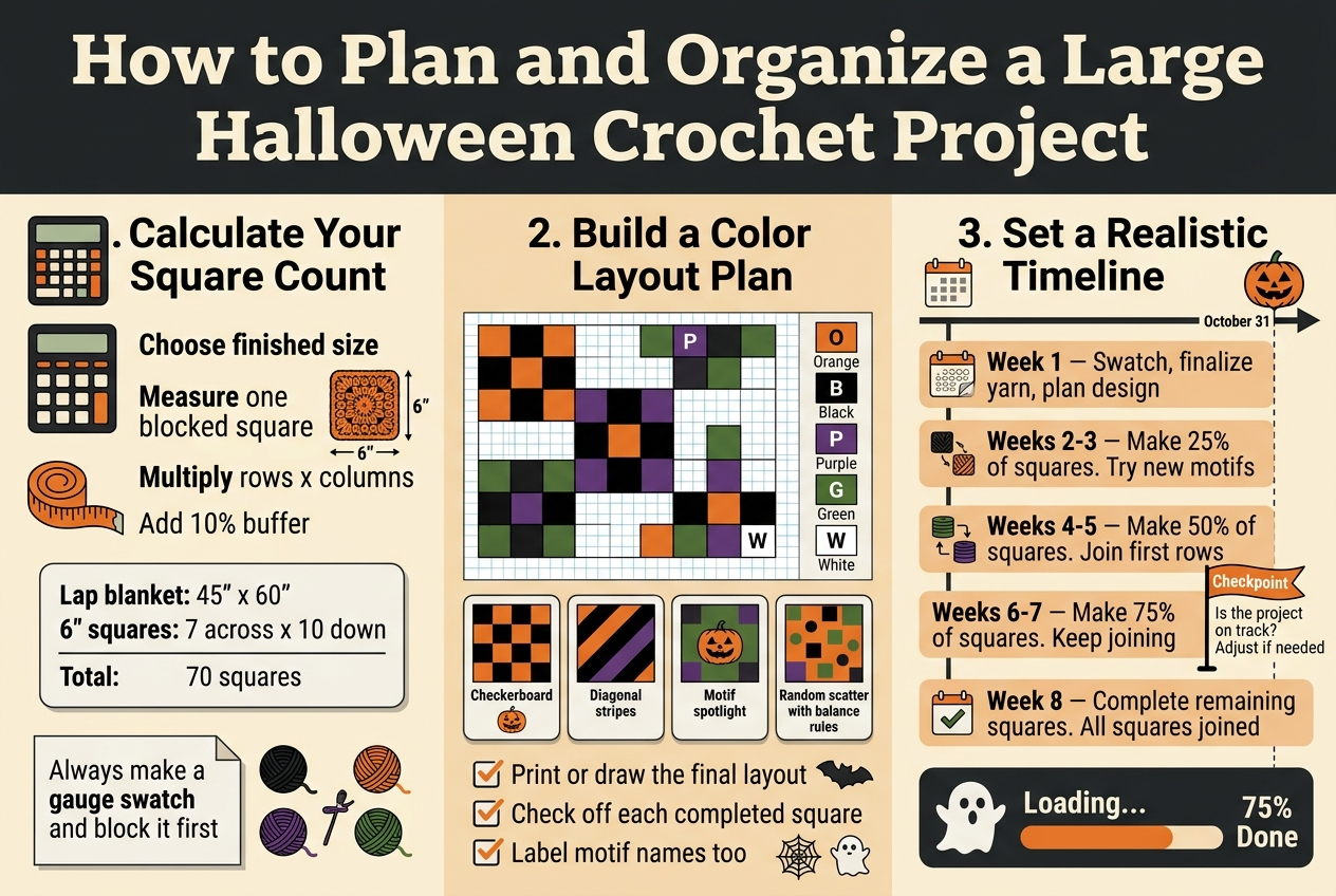 Create a full-bleed 3:2 landscape infographic illustration with a clean professional Halloween craft aesthetic, using black, orange, purple, deep green, and cream accents, with bold sans-serif headings and smaller readable sans-serif body text.
At the top across the full width, place a large bold title in cream on a dark charcoal banner: "How to Plan and Organize a Large Halloween Crochet Project"
Below the title, divide the design into three wide horizontal sections with clear visual hierarchy and icons.
LEFT SECTION: "1. Calculate Your Square Count"
Show a large calculator icon, a measuring tape, and a 6-inch crochet square graphic. Include short step text:
"Choose finished size"
"Measure one blocked square"
"Multiply rows x columns"
"Add 10% buffer"
Show a simple example card with:
"Lap blanket: 45\" x 60\""
"6\" squares: 7 across x 10 down"
"Total: 70 squares"
Add a small note box with text:
"Always make a gauge swatch and block it first"
Use small Halloween yarn icons in black, orange, purple, and green beside the note.
CENTER SECTION: "2. Build a Color Layout Plan"
Show a large graph-paper grid with colored square blocks arranged in patterns. Include four small labeled color swatches:
"O Orange"
"B Black"
"P Purple"
"G Green"
"W White"
Under the grid, include four compact labeled pattern cards with icons:
"Checkerboard"
"Diagonal stripes"
"Motif spotlight"
"Random scatter with balance rules"
Add a checklist strip with checkmark icons and text:
"Print or draw the final layout"
"Check off each completed square"
"Label motif names too"
Include tiny motif icons: pumpkin, bat, spiderweb, ghost.
RIGHT SECTION: "3. Set a Realistic Timeline"
Show a horizontal timeline arrow from left to right with a small calendar icon and a Halloween jack-o'-lantern marker at the end labeled "October 31". Include five stacked timeline blocks with small icons and exact text:
"Week 1 — Swatch, finalize