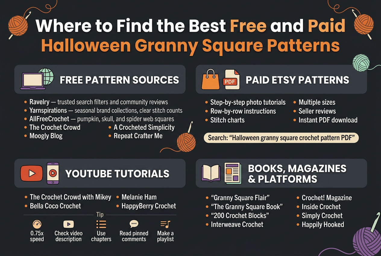 Full-bleed wide infographic illustration in 3:2 aspect ratio, clean professional crochet-themed design, dark charcoal background with orange, pumpkin, cream, purple, and mint accents, bold modern sans-serif headings and smaller readable body text, subtle yarn and crochet hook decorative elements.
Top center large bold title in white and pumpkin orange:
"Where to Find the Best Free and Paid Halloween Granny Square Patterns"
Below the title, create four wide horizontal content blocks arranged in a 2x2 grid across the page, each with a colored icon and clear section heading.
Top left block with a laptop and globe icon:
"FREE PATTERN SOURCES"
Small text beneath in compact bullet style:
"Ravelry — trusted search filters and community reviews"
"Yarnspirations — seasonal brand collections, clear stitch counts"
"AllFreeCrochet — pumpkin, skull, and spider web squares"
"The Crochet Crowd"
"Moogly Blog"
"A Crocheted Simplicity"
"Repeat Crafter Me"
Top right block with a shopping bag and PDF icon:
"PAID ETSY PATTERNS"
Small text beneath:
"Step-by-step photo tutorials"
"Row-by-row instructions"
"Stitch charts"
"Multiple sizes"
"Seller reviews"
"Instant PDF download"
Add a small label strip:
"Search: 'Halloween granny square crochet pattern PDF'"
Bottom left block with a play button and phone icon:
"YOUTUBE TUTORIALS"
Small text beneath:
"The Crochet Crowd with Mikey"
"Bella Coco Crochet"
"Melanie Ham"
"HappyBerry Crochet"
Add a small tip row with tiny icons:
"0.75x speed"
"Check video description"
"Use chapters"
"Read pinned comments"
"Make a playlist"
Bottom right block with a book and magazine icon:
"BOOKS, MAGAZINES & PLATFORMS"
Small text beneath:
'"Granny Square Flair"'
'"The Granny Square Book"'
'"200 Crochet Blocks"'
"Interweave Crochet"
"Crochet! Magazine"
"Inside Crochet"
"Simply Crochet"
"Happily