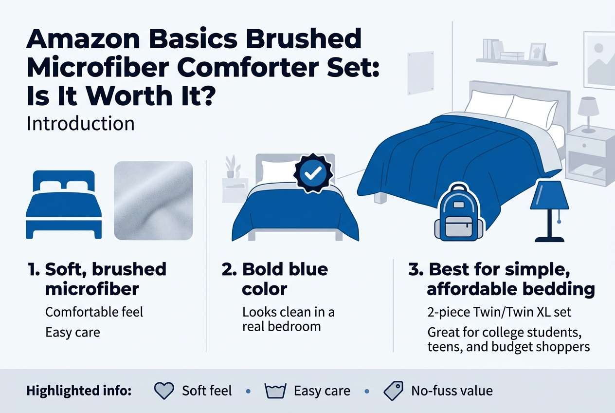 Create a full-bleed horizontal infographic in 3:2 aspect ratio with a clean modern retail-review style. Use a white background with deep blue, light blue, and soft gray accents, bold sans-serif headings, and simple flat icons. 

At the top left, place a large bold title in dark navy: "Amazon Basics Brushed Microfiber Comforter Set: Is It Worth It?" with a smaller subtitle beneath it: "Introduction".

Below the title, divide the infographic into three wide horizontal sections across the page, with clear numbered labels and icons:

Section 1 on the left: a blue bed icon and the heading "1. Soft, brushed microfiber". Add short supporting text: "Comfortable feel" and "Easy care". Include a soft fabric texture swatch beside the icon.

Section 2 in the center: a bold blue comforter illustration on a neatly made bed with a checkmark badge. Add the heading "2. Bold blue color" and the supporting text: "Looks clean in a real bedroom". Show a simple dorm or bedroom background with minimal details.

Section 3 on the right: a college dorm backpack icon and a teen bedroom lamp icon next to the heading "3. Best for simple, affordable bedding". Add supporting text in two short lines: "2-piece Twin/Twin XL set" and "Great for college students, teens, and budget shoppers".

Along the bottom, add a slim highlighted info bar with three small icons separated by dots: a heart icon with "Soft feel", a wash icon with "Easy care", and a tag icon with "No-fuss value". Keep all text crisp, readable, and minimal. Use a balanced multi-column layout, strong spacing, and clear visual hierarchy.