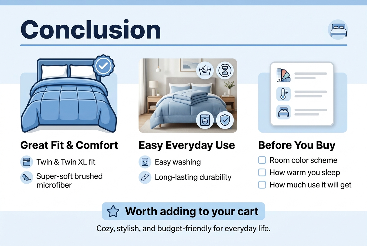 Create a full-bleed horizontal infographic in a 3:2 aspect ratio with a clean modern lifestyle e-commerce style, soft blue and white color palette, subtle gray accents, and bold sans-serif typography.

Top banner across the full width: large bold heading centered-left in dark navy text, exact text: "Conclusion". Add a thin blue underline and a small soft-bed icon near the title.

Main layout: three wide horizontal sections arranged left to right in a balanced, professional infographic style with clear spacing, not a vertical stack.

LEFT SECTION: a large blue comforter bed illustration with a checkmark badge. Add a bold subheading: "Great Fit & Comfort". Under it, include two short bullet points with small icons:
- "Twin & Twin XL fit"
- "Super-soft brushed microfiber"

CENTER SECTION: a neatly styled bedroom vignette with a folded comforter and washing/durability symbols. Add a bold subheading: "Easy Everyday Use". Under it, include two short bullet points with small icons:
- "Easy washing"
- "Long-lasting durability"

RIGHT SECTION: a simple decision checklist card with a color swatch icon, sleep temperature icon, and usage icon. Add a bold subheading: "Before You Buy". Under it, include three short checklist lines:
- "Room color scheme"
- "How warm you sleep"
- "How much use it will get"

Bottom band spanning the full width: a highlighted callout box in light blue with a star icon and bold closing text: "Worth adding to your cart". Beneath it, smaller text in dark gray: "Cozy, stylish, and budget-friendly for everyday life."

Use a clean layout with crisp icons, rounded blocks, subtle shadows, high contrast, and plenty of white space. Keep the design polished, easy to read, and visually centered with wide horizontal balance.