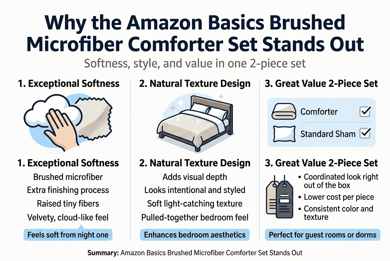 Create a clean, modern infographic illustration in 3:2 aspect ratio with a full-bleed layout, no border frame, no inset margins, and a wide horizontal composition.

Top header across the full width:
Large bold title in dark navy sans-serif: "Why the Amazon Basics Brushed Microfiber Comforter Set Stands Out"
Place a smaller subtitle beneath it in medium gray: "Softness, style, and value in one 2-piece set"

Use a bright but soft palette: white background, navy headings, warm gray body text, light blue accent blocks, subtle beige and charcoal details. Use crisp vector-style icons, gentle shadows, and a polished retail-infotainment look.

Main layout: three wide horizontal sections arranged left to right or in stacked wide bands, with clear visual separation and plenty of whitespace.

SECTION 1 on the left or top-left:
Heading in bold navy: "1. Exceptional Softness"
Add a large icon of a hand touching a fluffy cloud and a soft fabric swatch.
Include short body text in dark gray:
"Brushed microfiber"
"Extra finishing process"
"Raised tiny fibers"
"Velvety, cloud-like feel"
Add a small highlighted line in a blue callout box:
"Feels soft from night one"

SECTION 2 in the center:
Heading in bold navy: "2. Natural Texture Design"
Add an icon of a neatly made bed with a subtle woven texture pattern and soft light reflections.
Include short body text:
"Adds visual depth"
"Looks intentional and styled"
"Soft light-catching texture"
"Pulled-together bedroom feel"
Add a small accent label:
"Enhances bedroom aesthetics"

SECTION 3 on the right or bottom-right:
Heading in bold navy: "3. Great Value 2-Piece Set"
Show a simple two-item checklist with clean icons:
- Comforter with a checkmark
- Standard Sham with a checkmark
Add a small comparison/value graphic with two stacked price tags or bundle blocks.
Include these exact lines in a tidy bullet list:
"Coordinated look right out of the box"
"Lower cost per piece"
"Consistent color and texture"
Add a closing callout box in light blue:
"Perfect for guest rooms or dorms"

Include a small summary strip along the bottom spanning the width of the design