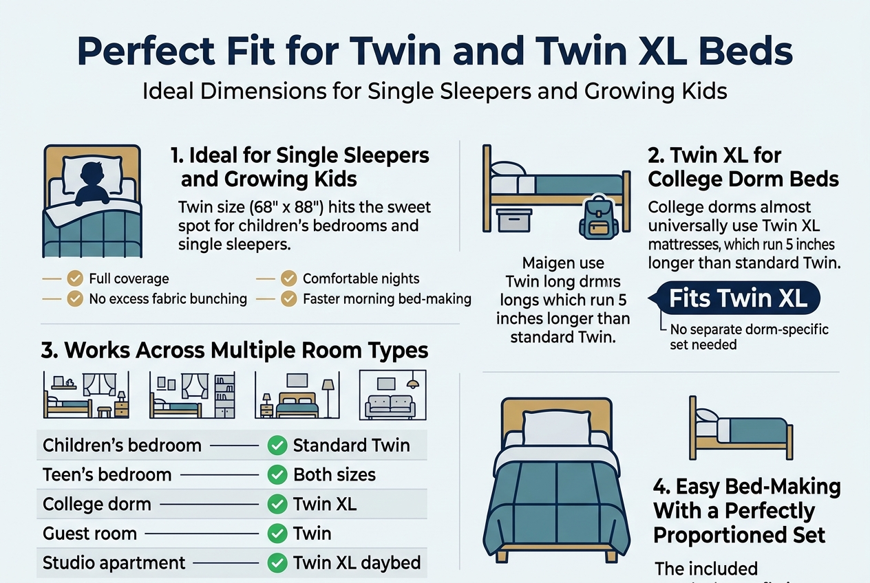 Create a clean, modern infographic illustration in a 3:2 landscape aspect ratio, full-bleed edge-to-edge with no frame. Use a soft white background with navy blue, teal, light gray, and warm gold accents. Use bold sans-serif typography with clear hierarchy.

Top header across the full width:
Title in large bold text: "Perfect Fit for Twin and Twin XL Beds"
Subtitle beneath in smaller text: "Ideal Dimensions for Single Sleepers and Growing Kids"

Main layout: four wide horizontal sections with icons and concise text, arranged in a balanced 2x2 grid across the page.

Section 1, left top:
A bed icon with a child silhouette and a neatly fitted comforter.
Heading: "1. Ideal for Single Sleepers and Growing Kids"
Body text: "Twin size (68\" x 88\") hits the sweet spot for children's bedrooms and single sleepers."
Add two small check icons beside short lines:
"Full coverage"
"No excess fabric bunching"
"Comfortable nights"
"Faster morning bed-making"

Section 2, right top:
A campus dorm bed icon with a long mattress and backpack.
Heading: "2. Twin XL for College Dorm Beds"
Body text: "College dorms almost universally use Twin XL mattresses, which run 5 inches longer than standard Twin."
Add a bold callout badge:
"Fits Twin XL"
Small supporting line: "No separate dorm-specific set needed"

Section 3, left bottom:
A clean comparison panel with four room icons in a row and green checkmarks.
Heading: "3. Works Across Multiple Room Types"
Include a simple two-column table with labels and checkmarks:
"Children's bedroom" — "✅ Standard Twin"
"Teen's bedroom" — "✅ Both sizes"
"College dorm" — "✅ Twin XL"
"Guest room" — "✅ Twin"
"Studio apartment" — "✅ Twin XL daybed"

Section 4, right bottom:
A neatly made bed icon with comforter draped evenly and a pillow sham aligned.
Heading: "4. Easy Bed-Making With a Perfectly Proportioned Set"
Body text: "The included