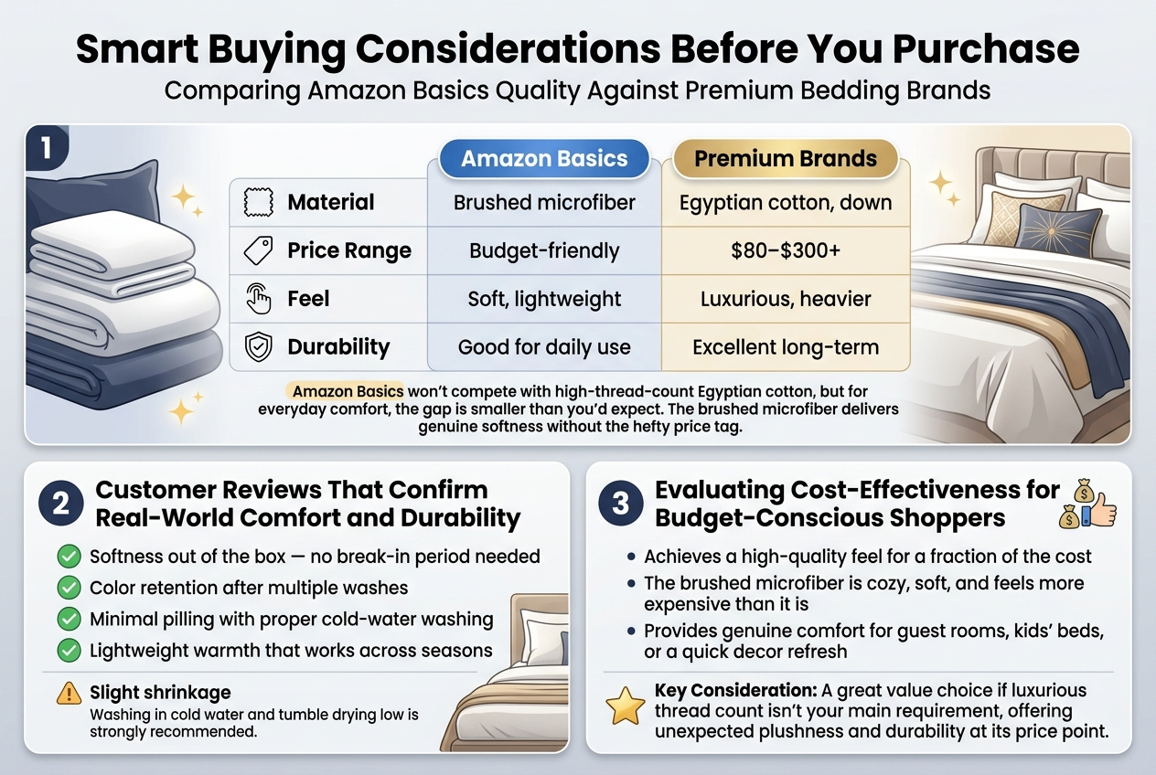 Create a clean, modern infographic illustration in a 3:2 aspect ratio with a full-bleed layout and no poster frame. Use a professional bedding/home goods aesthetic with a soft navy, white, light gray, and warm beige color palette, with subtle gold accents. Use bold sans-serif typography for headings and smaller readable sans-serif body text.

Top header across the full width:
Title in large bold text: "Smart Buying Considerations Before You Purchase"
Subtitle beneath in smaller text: "Comparing Amazon Basics Quality Against Premium Bedding Brands"

Main content arranged in three wide horizontal sections with clear visual hierarchy and icons.

Section 1 across the upper-middle area: a side-by-side comparison table with two columns and four rows.
Left column header in a blue label: "Amazon Basics"
Right column header in a gold label: "Premium Brands"
Row labels on the far left with simple line icons:
- "Material" with a fabric swatch icon
- "Price Range" with a price tag icon
- "Feel" with a hand-touch icon
- "Durability" with a shield icon

Table values:
Material: "Brushed microfiber" | "Egyptian cotton, down"
Price Range: "Budget-friendly" | "$80–$300+"
Feel: "Soft, lightweight" | "Luxurious, heavier"
Durability: "Good for daily use" | "Excellent long-term"

Add a small centered note below the table in a highlighted callout box:
"Amazon Basics won't compete with high-thread-count Egyptian cotton, but for everyday comfort, the gap is smaller than you'd expect. The brushed microfiber delivers genuine softness without the hefty price tag."

Section 2 in the lower-left wide panel titled:
"Customer Reviews That Confirm Real-World Comfort and Durability"
Use a checklist with green check icons and one small caution icon. Include these bullets exactly:
- "Softness out of the box — no break-in period needed"
- "Color retention after multiple washes"
- "Minimal pilling with proper cold-water washing"
- "Lightweight warmth that works across seasons"
Add a small amber warning icon and note beneath:
"Slight shrinkage" and "Washing in cold water and tumble drying low is strongly recommended."

Section 3 in the lower-right wide panel titled:
"Evaluating Cost-Effectiveness for Budget-Conscious Sh