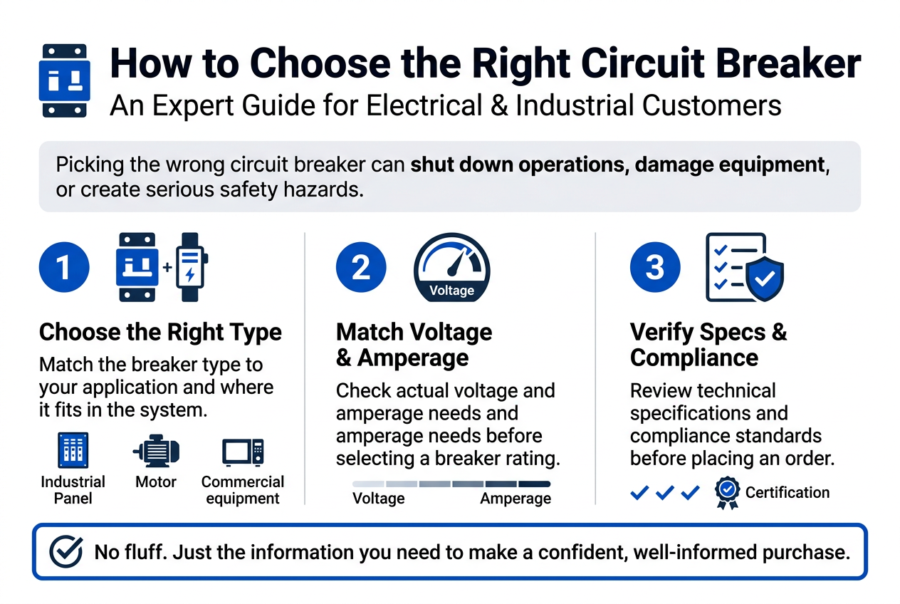 Create a full-bleed professional infographic in a 3:2 aspect ratio with a clean industrial style, white background, dark navy and electric blue accents, subtle gray lines, and modern sans-serif typography.
Top section: large bold heading centered across the top reading "How to Choose the Right Circuit Breaker" with a smaller subtitle beneath it reading "An Expert Guide for Electrical & Industrial Customers". Place a small blue circuit breaker icon to the left of the heading.
Below the title, include a short intro text block in a wide banner:
"Picking the wrong circuit breaker can shut down operations, damage equipment, or create serious safety hazards."
Main content area: arrange three wide horizontal sections or three equal columns across the page, each with a numbered blue circle icon and a clear visual symbol.
Section 1 on the left:
Numbered circle "1" with a breaker/device icon.
Heading: "Choose the Right Type"
Body text: "Match the breaker type to your application and where it fits in the system."
Add small sub-icons for industrial panel, motor, and commercial equipment.
Section 2 in the center:
Numbered circle "2" with a voltage and amperage gauge icon.
Heading: "Match Voltage & Amperage"
Body text: "Check actual voltage and amperage needs before selecting a breaker rating."
Add a simple visual scale or meter labeled "Voltage" and "Amperage".
Section 3 on the right:
Numbered circle "3" with a checklist and shield icon.
Heading: "Verify Specs & Compliance"
Body text: "Review technical specifications and compliance standards before placing an order."
Add small checkmarks and a certification-style badge icon.
Bottom section: a wide concluding callout box with a bold blue border and a checkmark icon, containing the text:
"No fluff. Just the information you need to make a confident, well-informed purchase."
Use strong visual hierarchy, crisp spacing, clean alignment, and minimal decorative elements. Keep text sharp, legible, and exactly as written. Avoid any photo background, people, or clutter.