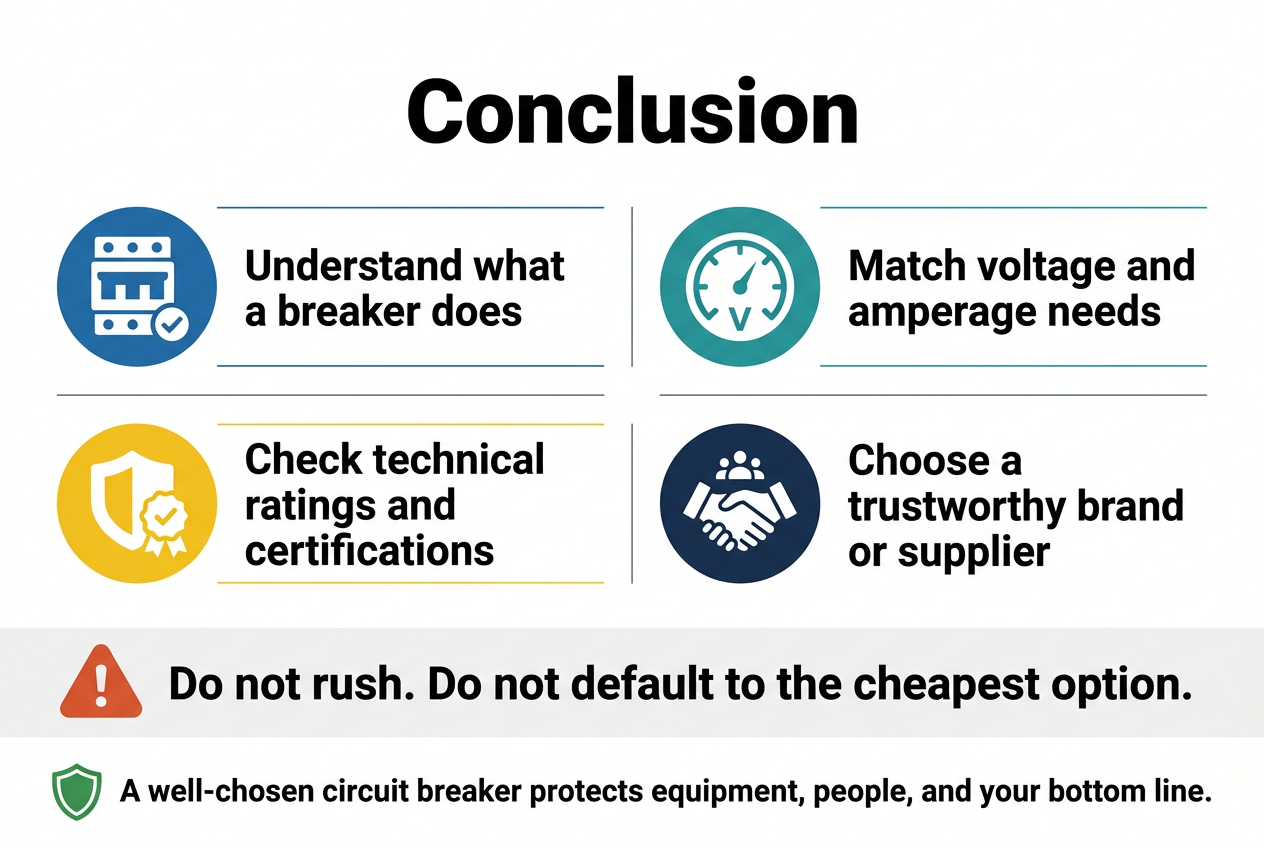 Create a clean, professional infographic illustration in a full-bleed 3:2 landscape layout with a modern industrial safety theme. Use a white background with deep navy, teal, and safety yellow accents, crisp sans-serif fonts, and strong visual hierarchy.
Place a large bold heading at the top center: "Conclusion"
Below the heading, arrange four wide horizontal content blocks in a 2x2 grid across the page, with clear spacing and thin dividing lines. Each block should have a colored circular icon on the left and short bold text on the right:
1. Top left block: a blue circuit breaker icon with a small checkmark. Text: "Understand what a breaker does"
2. Top right block: a teal voltage and amperage gauge icon. Text: "Match voltage and amperage needs"
3. Bottom left block: a yellow shield with certification badge icon. Text: "Check technical ratings and certifications"
4. Bottom right block: a dark navy handshake and supplier icon. Text: "Choose a trustworthy brand or supplier"
Across the lower third, add a wide warning banner with a red-orange caution icon on the left and bold text: "Do not rush. Do not default to the cheapest option."
Directly beneath the banner, add a final full-width takeaway strip with a green shield icon and bold text: "A well-chosen circuit breaker protects equipment, people, and your