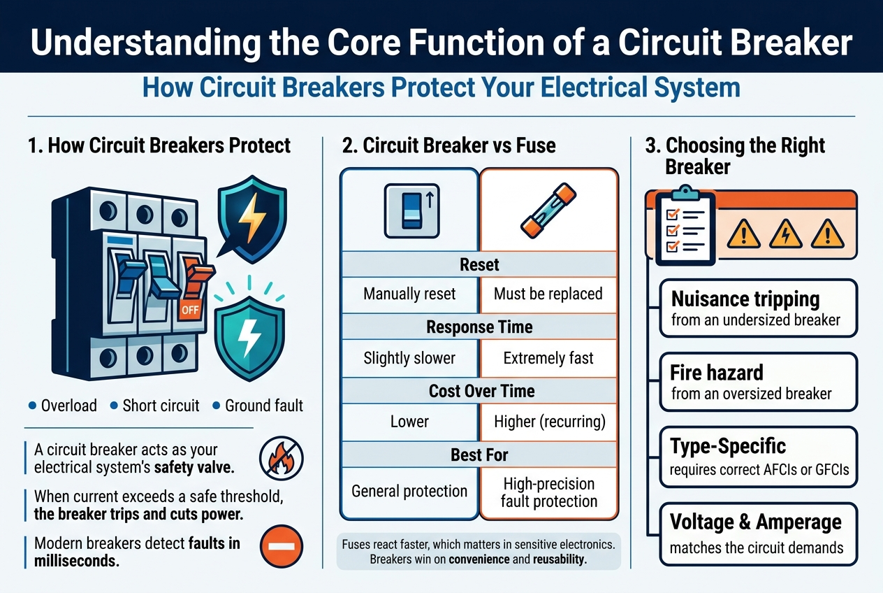 Create a clean, professional full-bleed infographic in a 3:2 aspect ratio with a modern electrical engineering style. Use a white background with deep navy, electric blue, teal, and safety orange accents. Use bold sans-serif typography, strong hierarchy, thin divider lines, and flat vector icons. Layout should be wide and horizontal with three main sections across the canvas, not a vertical poster.
TOP HEADER ACROSS FULL WIDTH:
Large bold title in dark navy: "Understanding the Core Function of a Circuit Breaker"
Smaller subtitle beneath in medium blue: "How Circuit Breakers Protect Your Electrical System"
LEFT SECTION: "1. How Circuit Breakers Protect"
Include a large illustration of a circuit breaker panel with one breaker switch flipping to OFF, a glowing lightning bolt, and a shield icon. Add three small icon bullets below:
- "Overload"
- "Short circuit"
- "Ground fault"
Add short body text in a neat text block:
"A circuit breaker acts as your electrical system's safety valve."
"When current exceeds a safe threshold, the breaker trips and cuts power."
"Modern breakers detect faults in milliseconds."
Use a small fire prevention icon and a stop symbol near the text.
CENTER SECTION: "2. Circuit Breaker vs Fuse"
Create a clean comparison block split into two columns with icons at the top: a reset switch for circuit breaker and a fuse link for fuse.
Use a table-like layout with these exact labels and values:
"Reset" | "Manually reset" | "Must be replaced"
"Response Time" | "Slightly slower" | "Extremely fast"
"Cost Over Time" | "Lower" | "Higher (recurring)"
"Best For" | "General protection" | "High-precision fault protection"
Add a subtle note at the bottom of this section:
"Fuses react faster, which matters in sensitive electronics."
"Breakers win on convenience and reusability."
Use blue for circuit breaker column and orange for fuse column.
RIGHT SECTION: "3. Choosing the Right Breaker"
Use a warning-style panel with a checklist icon and three caution symbols. Include four stacked callouts with bold labels:
"Nuisance tripping" — "from an unders