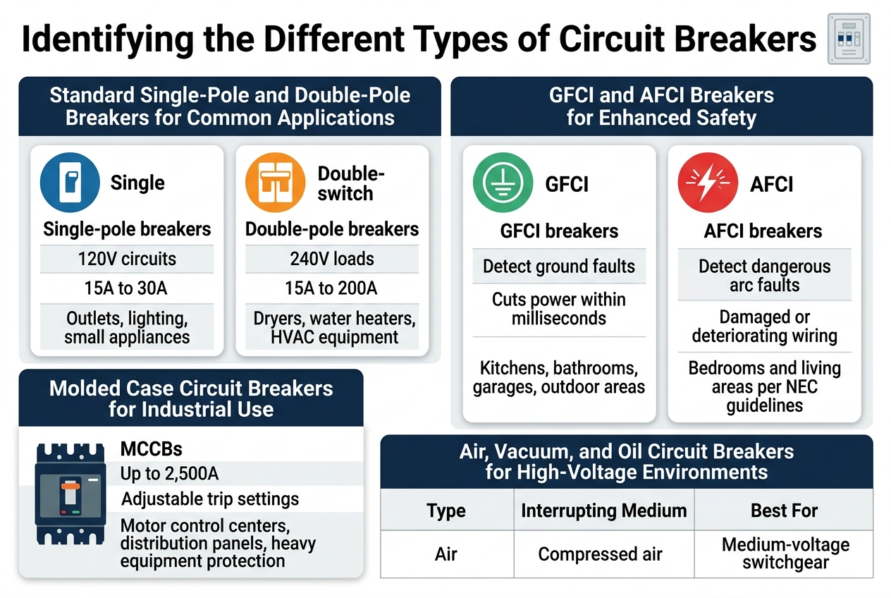 Create a clean professional infographic illustration in a full-bleed 3:2 landscape layout with a modern engineering style, white background, navy blue, teal, orange, and gray accents, crisp sans-serif fonts, strong hierarchy, and clear section dividers.
Top header spanning full width:
Bold title text: "Identifying the Different Types of Circuit Breakers"
Add a subtle electrical breaker panel icon near the title.
Below the title, arrange the content in a wide 2-row layout with multiple horizontal sections, not a vertical poster.
Left top section: a large block labeled "Standard Single-Pole and Double-Pole Breakers for Common Applications" with two side-by-side cards.
Card 1: blue icon of a single switch breaker, heading "Single-pole breakers", and text "120V circuits", "15A to 30A", "Outlets, lighting, small appliances"
Card 2: orange icon of a double switch breaker, heading "Double-pole breakers", and text "240V loads", "15A to 200A", "Dryers, water heaters, HVAC equipment"
Right top section: a safety block labeled "GFCI and AFCI Breakers for Enhanced Safety" with two side-by-side cards.
Card 3: green icon with a ground fault symbol, heading "GFCI breakers", and text "Detect ground faults", "Cuts power within milliseconds", "Kitchens, bathrooms, garages, outdoor areas"
Card 4: red icon with a spark/arc symbol, heading "AFCI breakers", and text "Detect dangerous arc faults", "Damaged or deteriorating wiring", "Bedrooms and living areas per NEC guidelines"
Middle left section: a bold industrial block labeled "Molded Case Circuit Breakers for Industrial Use" with a heavy-duty breaker icon, and text "MCCBs", "Up to 2,500A", "Adjustable trip settings", "Motor control centers, distribution panels, heavy equipment protection"
Bottom wide section: a comparison table titled "Air, Vacuum, and Oil Circuit Breakers for High-Voltage Environments" with three columns and clean grid lines.
Column headers: "Type", "Interrupting Medium", "Best For"
Row 1: "Air" | "Compressed air" | "Medium-voltage switchgear"
Row