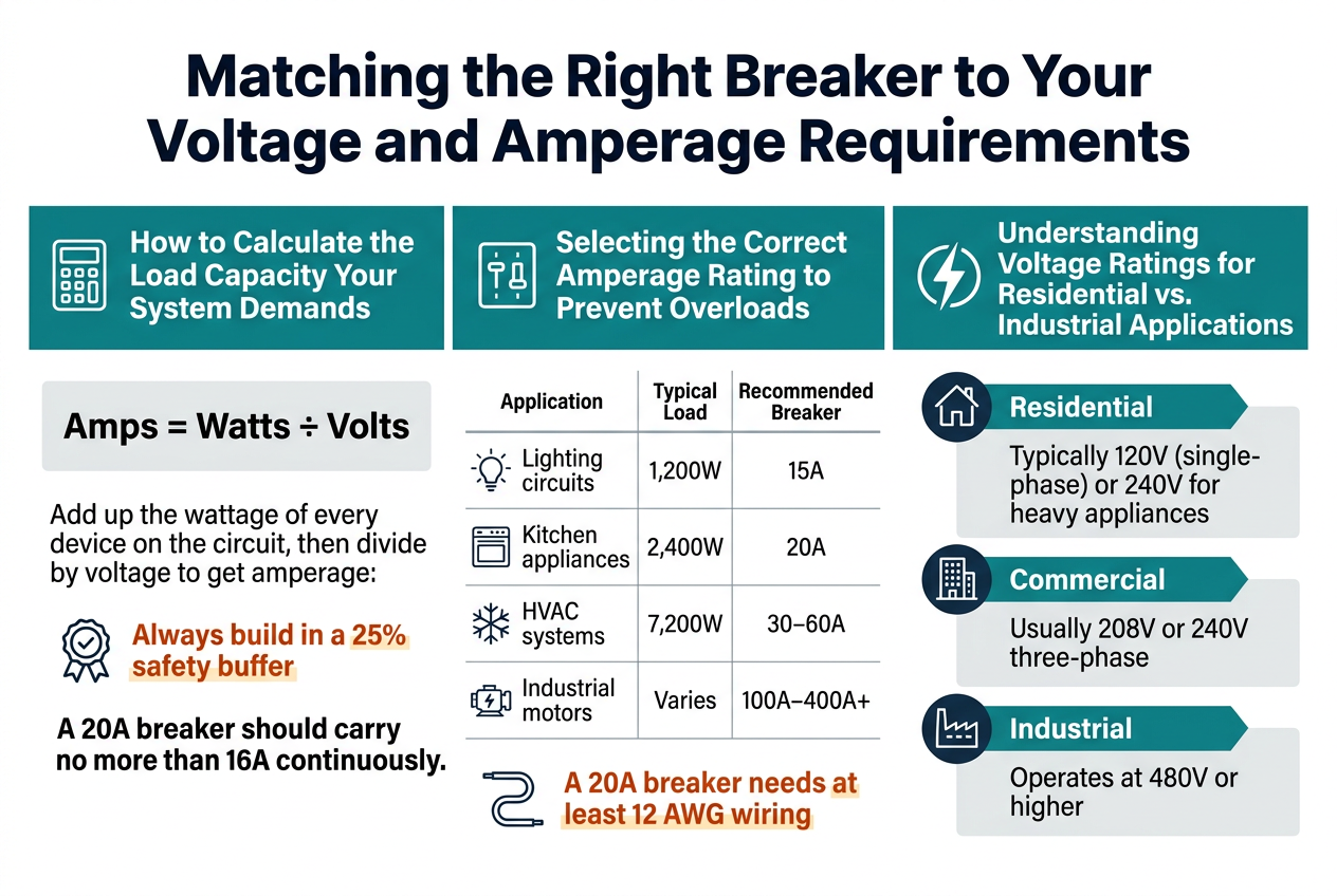 Create a clean professional landscape infographic in a 3:2 aspect ratio, full-bleed with no poster frame, using a white background, dark navy headings, teal and orange accents, and crisp sans-serif typography.
Top center: large bold title in dark navy text: "Matching the Right Breaker to Your Voltage and Amperage Requirements"
Below the title, divide the layout into three wide horizontal sections with clear headers and simple electrical-themed icons.
LEFT SECTION, top half:
Header in teal with a calculator icon: "How to Calculate the Load Capacity Your System Demands"
Show a simple formula block with bold text: "Amps = Watts ÷ Volts"
Below it, a small line of body text: "Add up the wattage of every device on the circuit, then divide by voltage to get amperage:"
Include a warning badge icon and a highlighted note in orange: "Always build in a 25% safety buffer"
Add a second emphasized line: "A 20A breaker should carry no more than 16A continuously."
CENTER SECTION, top half:
Header in teal with a breaker-switch icon: "Selecting the Correct Amperage Rating to Prevent Overloads"
Create a clean 3-column reference table with thin gray lines and row icons:
Column headers: "Application" "Typical Load" "Recommended Breaker"
Rows:
"Lighting circuits" | "1,200W" | "15A"
"Kitchen appliances" | "2,400W" | "20A"
"HVAC systems" | "7,200W" | "30–60A"
"Industrial motors" | "Varies" | "100A–400A+"
Under the table, add a small wire icon and a bold note in orange: "A 20A breaker needs at least 12 AWG wiring"
RIGHT SECTION, top half:
Header in teal with a voltage bolt icon: "Understanding Voltage Ratings for Residential vs. Industrial Applications"
Use three stacked horizontal callout bars with icons:
Residential with a house icon: "Typically 120V (single-phase) or 240V for heavy appliances"
Commercial with a building icon: "Usually 208V or 240V three-phase"
Industrial with a