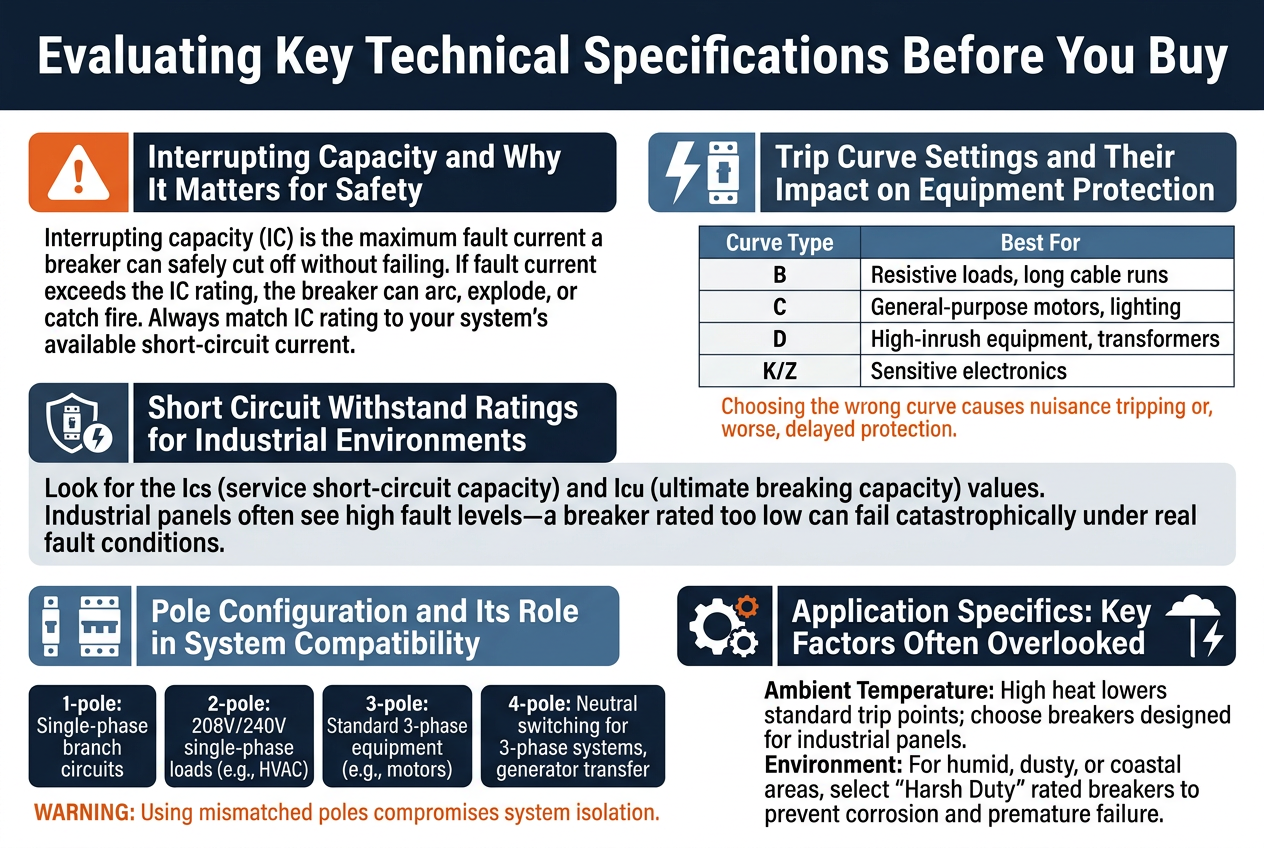 Create a clean professional infographic in a 3:2 aspect ratio, full-bleed layout with no border, no poster frame, and no large empty margins. Use a modern industrial style with dark navy, steel blue, white, and orange safety accents. Use bold sans-serif typography, strong hierarchy, and clear section blocks arranged in a wide 2-row layout with multiple columns instead of a vertical stack.
Top header spanning full width:
Bold title in large white text on a dark navy bar: "Evaluating Key Technical Specifications Before You Buy"
Below the title, arrange five wide horizontal sections or card blocks across the canvas with matching icons, each with a colored label bar, concise body text, and clean spacing.
Section 1 at upper left:
Orange warning triangle icon.
Heading: "Interrupting Capacity and Why It Matters for Safety"
Body text: "Interrupting capacity (IC) is the maximum fault current a breaker can safely cut off without failing. If fault current exceeds the IC rating, the breaker can arc, explode, or catch fire. Always match IC rating to your system's available short-circuit current."
Section 2 at upper center-right:
Blue lightning bolt and breaker icon.
Heading: "Trip Curve Settings and Their Impact on Equipment Protection"
Include a small 2-column mini-table with visible grid lines:
Column headers: "Curve Type" and "Best For"
Rows:
"B" — "Resistive loads, long cable runs"
"C" — "General-purpose motors, lighting"
"D" — "High-inrush equipment, transformers"
"K/Z" — "Sensitive electronics"
Add a small note beneath in orange text: "Choosing the wrong curve causes nuisance tripping or, worse, delayed protection."
Section 3 across lower left:
Industrial shield icon with a breaker symbol.
Heading: "Short Circuit Withstand Ratings for Industrial Environments"
Body text: "Look for the Ics (service short-circuit capacity) and Icu (ultimate breaking capacity) values. Industrial panels often see high fault levels—a breaker rated too low can fail catastrophically under real fault conditions."
Section 4 lower middle:
Four pole configuration icons shown as small breaker diagrams labeled clearly.
Heading: "Pole Configuration and Its Role in System Compatibility"
Four compact labeled blocks:
"1-pole: Single-phase branch circuits"
"