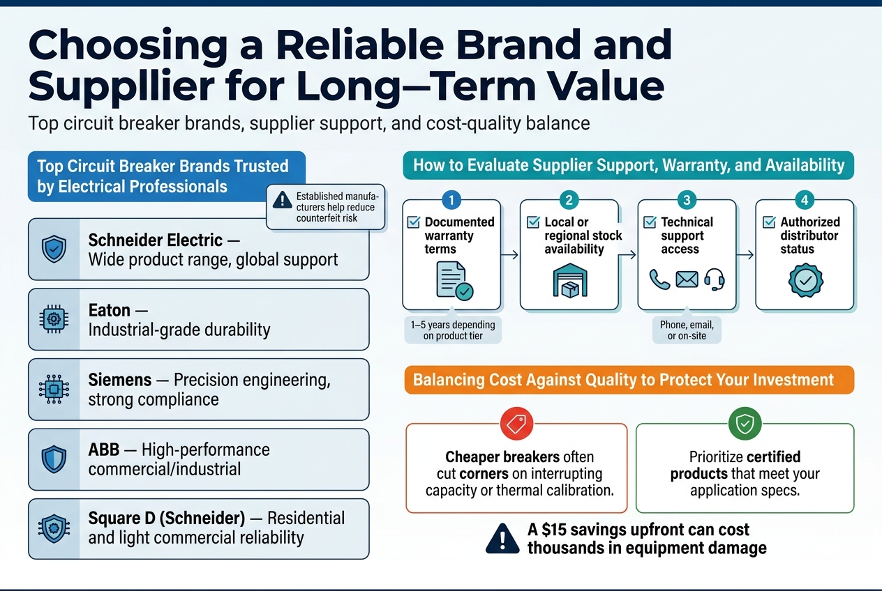 Create a full-bleed professional infographic in 3:2 aspect ratio with a clean white background, blue and charcoal color palette, and modern sans-serif typography. Use a wide horizontal layout with three main content sections across the page and no vertical poster framing.
Top header across the full width:
Bold title in large dark navy text: "Choosing a Reliable Brand and Supplier for Long-Term Value"
Small subtitle beneath in gray: "Top circuit breaker brands, supplier support, and cost-quality balance"
Section 1 on the left, titled in a blue banner:
"Top Circuit Breaker Brands Trusted by Electrical Professionals"
Include a 5-row brand comparison block with small shield or circuit icons beside each brand name:
- "Schneider Electric — Wide product range, global support"
- "Eaton — Industrial-grade durability"
- "Siemens — Precision engineering, strong compliance"
- "ABB — High-performance commercial/industrial"
- "Square D (Schneider) — Residential and light commercial reliability"
Add a small warning badge nearby with text: "Established manufacturers help reduce counterfeit risk"
Section 2 in the center, titled in a teal banner:
"How to Evaluate Supplier Support, Warranty, and Availability"
Show four numbered checklist cards with clear icons:
1. "Documented warranty terms" with a document and checkmark icon
Small note: "1–5 years depending on product tier"
2. "Local or regional stock availability" with a warehouse box icon
3. "Technical support access" with phone, email, and headset icons
Small note: "Phone, email, or on-site"
4. "Authorized distributor status" with a verified seal icon
Use connected lines or arrows between cards in a horizontal flow.
Section 3 on the right, titled in an orange banner:
"Balancing Cost Against Quality to Protect Your Investment"
Show a visual comparison with two side-by-side boxes:
Left box with a red price tag icon and text:
"Cheaper breakers often cut corners on interrupting capacity or thermal calibration."
Right box with a green protection icon and text:
"Prioritize certified products that meet your application specs."
Below both boxes, place a bold callout with a caution icon:
"A $15 savings upfront can cost thousands in equipment damage