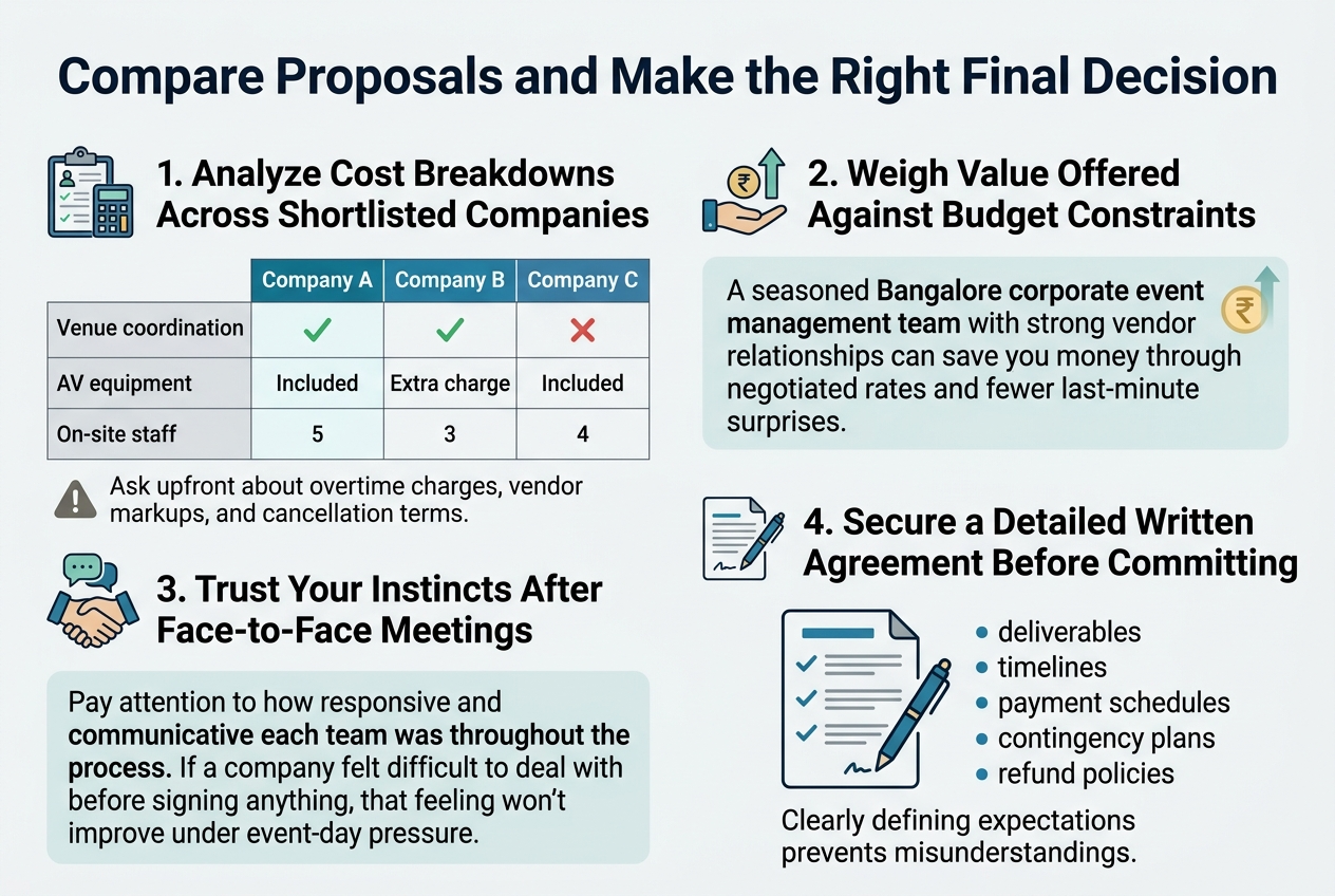 How to Choose the Right Event Management Company in Bangalore Create a clean, professional full-bleed infographic illustration in a 3:2 aspect ratio with a wide horizontal layout, no poster frame, no inset margins, and no narrow vertical stack. Use a modern sans-serif font, bold dark navy headings, teal and blue accents, light gray background, and subtle gold highlights. Place a large bold title across the top: "Compare Proposals and Make the Right Final Decision"
Below the title, organize four wide horizontal sections with clear numbered labels, icons, and balanced spacing:
Section 1 on the upper left with a clipboard and calculator icon:
"1. Analyze Cost Breakdowns Across Shortlisted Companies"
Include a side-by-side comparison table with three columns labeled "Company A", "Company B", and "Company C" and three rows labeled:
"Venue coordination" | "✓" | "✓" | "✗"
"AV equipment" | "Included" | "Extra charge" | "Included"
"On-site staff" | "5" | "3" | "4"
Add a small warning note beneath the table with an alert icon:
"Ask upfront about overtime charges, vendor markups, and cancellation terms."
Section 2 on the upper right with a value/money icon:
"2. Weigh Value Offered Against Budget Constraints"
Place the text in a clean highlighted block with a subtle upward arrow and rupee symbol icon. Add the supporting line:
"A seasoned Bangalore corporate event management team with strong vendor relationships can save you money through negotiated rates and fewer last-minute surprises."
Section 3 in the lower left with a handshake and speech bubble icon:
"3. Trust Your Instincts After Face-to-Face Meetings"
Add the supporting text in a calm callout box:
"Pay attention to how responsive and communicative each team was throughout the process. If a company felt difficult to deal with before signing anything, that feeling won't improve under event-day pressure."
Section 4 in the lower right with a contract and pen icon:
"4. Secure a Detailed Written Agreement Before Committing"
Add a document checklist visual with bullet points:
"deliverables"
"timelines"
"payment schedules"
"contingency plans"
"refund policies"
Include the supporting line