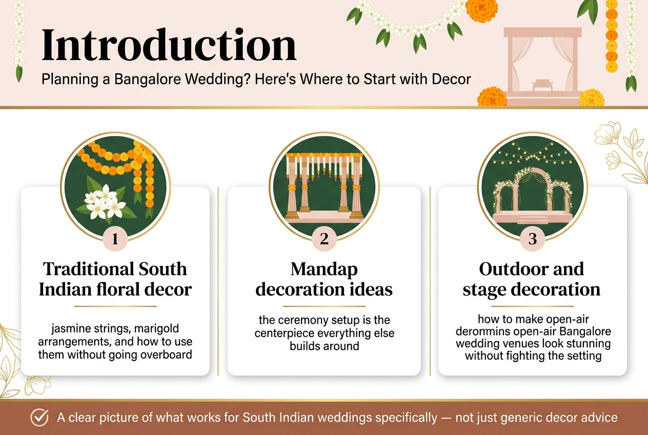 Create a clean, professional infographic illustration in a 3:2 aspect ratio, full-bleed wide horizontal layout, with no frame or inset margins. Use a modern South Indian wedding color palette of marigold orange, jasmine white, deep green, gold, and soft blush, with elegant sans-serif fonts and clear visual hierarchy. Top section: a bold large heading centered-left across the width reading "Introduction" and a smaller subtitle beneath it reading "Planning a Bangalore Wedding? Here's Where to Start with Decor". Add subtle wedding decor accents in the background such as jasmine garlands, marigold flowers, and a simple mandap silhouette. Main body: organize the content into three wide horizontal or three-column sections with numbered blocks and icons. Left block: A circular icon of jasmine flowers and marigold garlands. Number label "1" Heading text: "Traditional South Indian floral decor" Short supporting text: "jasmine strings, marigold arrangements, and how to use them without going overboard" Center block: A circular icon of a decorated mandap with pillars and hanging flowers. Number label "2" Heading text: "Mandap decoration ideas" Short supporting text: "the ceremony setup is the centerpiece everything else builds around" Right block: A circular icon of an outdoor wedding stage with string lights and floral arches. Number label "3" Heading text: "Outdoor and stage decoration" Short supporting text: "how to make open-air Bangalore wedding venues look stunning without fighting the setting" Bottom strip: a highlighted summary band with a checkmark icon and the text: "A clear picture of what works for South Indian weddings specifically — not just generic decor advice" Use clean spacing, soft shadowed cards, gold accent lines, and elegant decorative floral motifs. Keep all text sharp, legible, and exactly as written.
