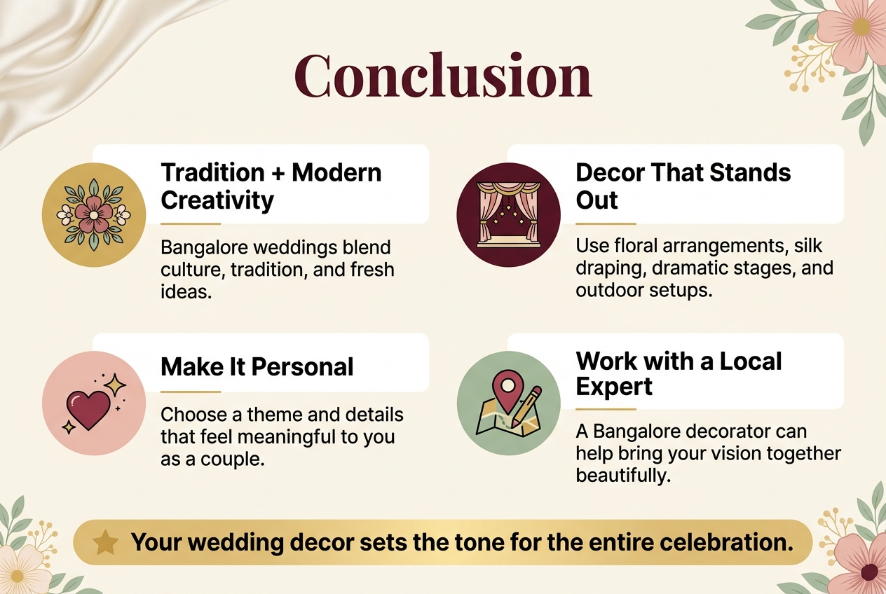 3:2 horizontal full-bleed infographic illustration, clean professional modern style, warm elegant Bangalore wedding theme, cream background with gold, blush pink, deep maroon, and soft green accents, subtle floral and silk fabric motifs, no border, no inset frame, wide layout with balanced spacing. Top center: large bold heading in elegant serif font, dark maroon text: "Conclusion" Below the heading, arrange four wide horizontal content blocks across the center in a 2x2 grid, each block with a colored circular icon on the left, a bold subheading, and a short supporting line in clean sans-serif font. Block 1, top left: floral icon, subheading text: "Tradition + Modern Creativity", body text: "Bangalore weddings blend culture, tradition, and fresh ideas." Block 2, top right: wedding stage icon with drapes and lights, subheading text: "Decor That Stands Out", body text: "Use floral arrangements, silk draping, dramatic stages, and outdoor setups." Block 3, bottom left: heart and spark icon, subheading text: "Make It Personal", body text: "Choose a theme and details that feel meaningful to you as a couple." Block 4, bottom right: local decorator icon with a map pin and design tools, subheading text: "Work with a Local Expert", body text: "A Bangalore decorator can help bring your vision together beautifully." Along the bottom spanning the width, place a highlighted callout band in soft gold with a small star icon at the left and bold text: "Your wedding decor sets the tone for the entire celebration." Use clean visual hierarchy, bold subheadings, readable body text, elegant wedding-inspired icons, subtle floral accents in corners, and a polished celebratory aesthetic.