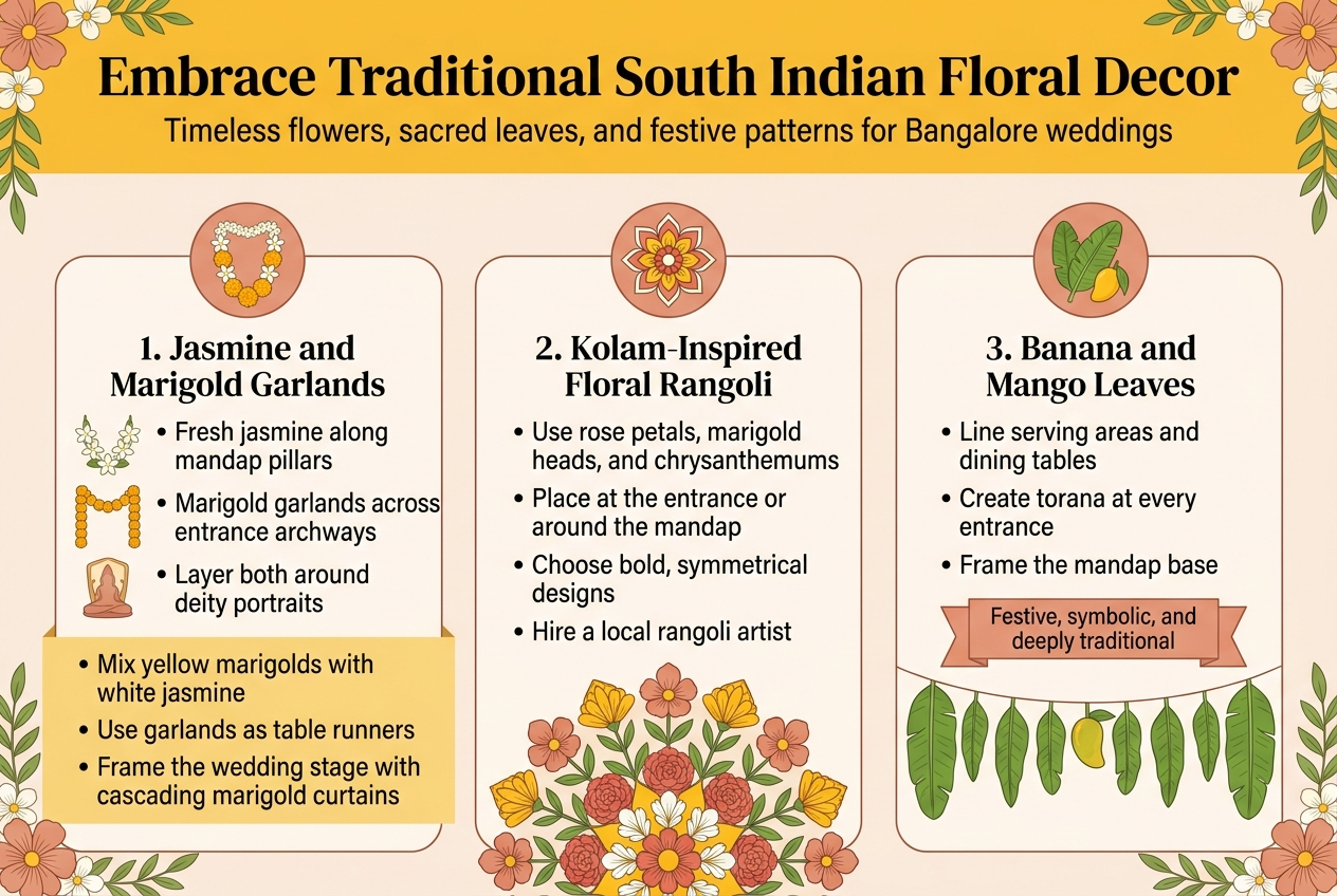 Aspect ratio 3:2, full-bleed professional infographic illustration with a warm South Indian wedding palette of marigold yellow, jasmine white, leaf green, and soft terracotta, clean modern serif title and sans-serif body text, elegant floral accents, subtle mandap and wedding decor motifs, wide horizontal layout with three main content blocks across the page, no vertical poster framing, no inset border. Top header spanning full width: Bold large title text: "Embrace Traditional South Indian Floral Decor" Smaller subtitle text beneath: "Timeless flowers, sacred leaves, and festive patterns for Bangalore weddings" Left section in a rounded rectangle with a jasmine and marigold garland icon: Section heading: "1. Jasmine and Marigold Garlands" Include small visual labels beside three bullet points: "• Fresh jasmine along mandap pillars" "• Marigold garlands across entrance archways" "• Layer both around deity portraits" Add a highlighted note strip: "• Mix yellow marigolds with white jasmine" "• Use garlands as table runners" "• Frame the wedding stage with cascading marigold curtains" Center section in a rounded rectangle with a floral rangoli icon: Section heading: "2. Kolam-Inspired Floral Rangoli" Show a symmetrical floral mandala pattern made from petals and blossoms at the base of the section. Include bullet points: "• Use rose petals, marigold heads, and chrysanthemums" "• Place at the entrance or around the mandap" "• Choose bold, symmetrical designs" "• Hire a local rangoli artist" Right section in a rounded rectangle with a banana leaf and mango leaf icon: Section heading: "3. Banana and Mango Leaves" Include bullet points: "• Line serving areas and dining tables" "• Create torana at every entrance" "• Frame the mandap base" Add a small decorative banner with the text: "Festive, symbolic, and deeply traditional" Use clear icon markers for each section: jasmine flower garland, floral rangoli mandala, banana leaves hanging as torana. Add soft floral borders, balanced spacing, and strong visual