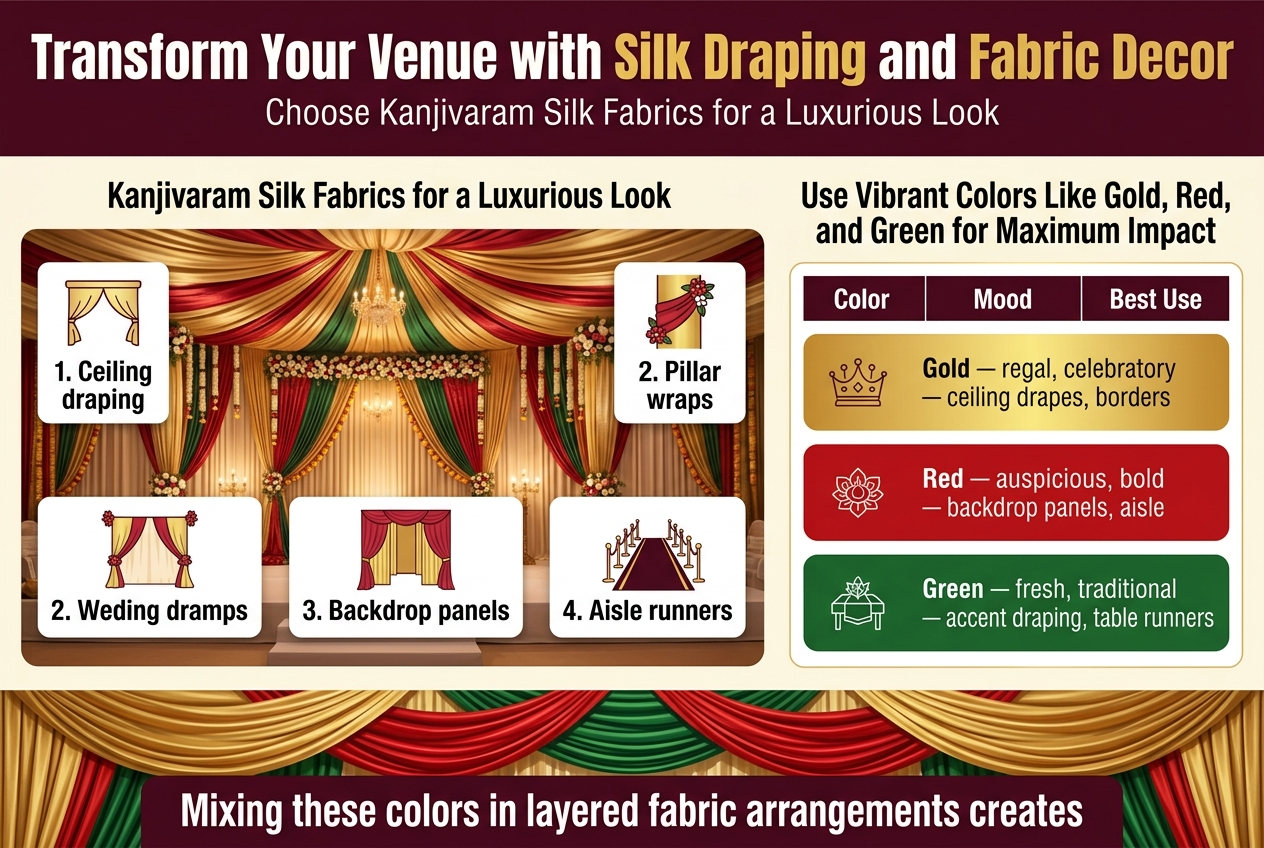 Create a full-bleed 3:2 landscape infographic illustration with a luxurious South Indian wedding decor theme, rich silk textures, and elegant floral accents. Use a clean professional layout with a deep maroon, gold, red, and green color palette, subtle cream background, and modern sans-serif typography with bold headings and clear section labels. Top header across the full width: - Large bold title in gold and white: "Transform Your Venue with Silk Draping and Fabric Decor" - Smaller subtitle beneath in maroon: "Choose Kanjivaram Silk Fabrics for a Luxurious Look" Main layout: two wide horizontal sections beneath the header, with icon-driven cards and a polished editorial style. Left main section: - Section heading: "Kanjivaram Silk Fabrics for a Luxurious Look" - A large central image area showing luxurious Kanjivaram silk draped across a wedding ceiling, mandap pillars, and a backdrop frame, with floral garlands and warm lighting - Four neatly arranged feature cards with small icons and bold labels: 1. Ceiling draping — icon of a canopy/ceiling drape 2. Pillar wraps — icon of a wrapped pillar with flowers 3. Backdrop panels — icon of layered fabric panels 4. Aisle runners — icon of a wedding aisle path Right main section: - Section heading: "Use Vibrant Colors Like Gold, Red, and Green for Maximum Impact" - A clean color guide panel with three horizontal color blocks or swatches, each with an icon and short text: - Gold — regal, celebratory — ceiling drapes, borders - Red — auspicious, bold — backdrop panels, aisle - Green — fresh, traditional — accent draping, table runners - Add a small three-column table style block with headers: "Color", "Mood", "Best Use" Bottom strip across the width: - A layered fabric arrangement scene combining gold, red, and green silk drapes for depth - Bold concluding text in white on a dark maroon band: "Mixing these colors in layered fabric arrangements creates
