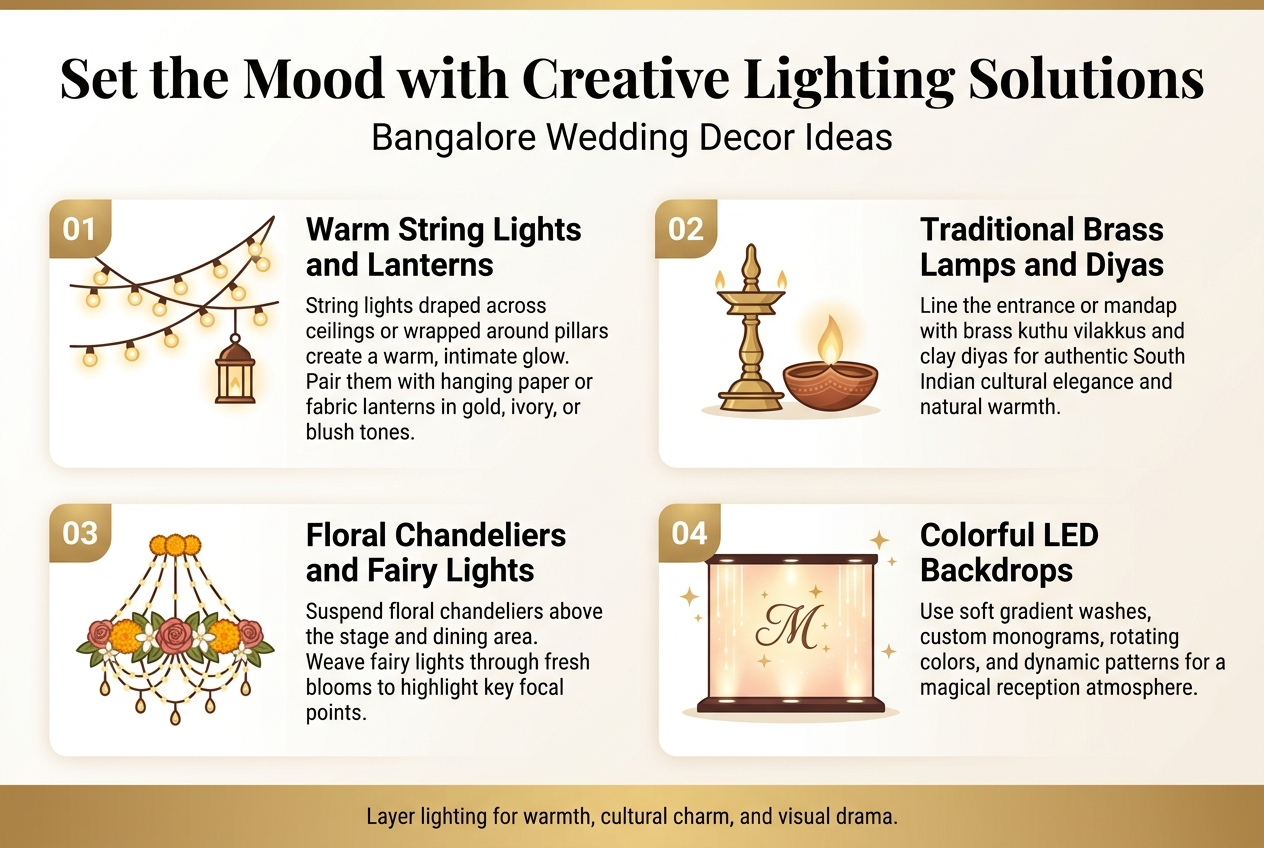 Create a full-bleed 3:2 infographic illustration in a clean, modern wedding-decor style with a warm luxurious color palette of gold, ivory, blush, marigold, deep brown, and soft warm white. Use elegant sans-serif typography with a bold decorative heading at the top. Top header across the full width: "Set the Mood with Creative Lighting Solutions" Subheading directly below in smaller text: "Bangalore Wedding Decor Ideas" Use a wide horizontal 4-section layout with clear numbered blocks, each with a simple icon and short body text. Keep the design spacious, polished, and professional, with subtle glow accents and soft shadows. Section 1 on the upper left: Number badge "01" Icon: warm string lights draped in an arc with a small lantern Heading: "Warm String Lights and Lanterns" Body text: "String lights draped across ceilings or wrapped around pillars create a warm, intimate glow. Pair them with hanging paper or fabric lanterns in gold, ivory, or blush tones." Section 2 on the upper right: Number badge "02" Icon: brass lamp and clay diya with soft flame Heading: "Traditional Brass Lamps and Diyas" Body text: "Line the entrance or mandap with brass kuthu vilakkus and clay diyas for authentic South Indian cultural elegance and natural warmth." Section 3 on the lower left: Number badge "03" Icon: floral chandelier with marigolds, roses, jasmine, and fairy lights Heading: "Floral Chandeliers and Fairy Lights" Body text: "Suspend floral chandeliers above the stage and dining area. Weave fairy lights through fresh blooms to highlight key focal points." Section 4 on the lower right: Number badge "04" Icon: glowing LED backdrop panel with sparkles and monogram Heading: "Colorful LED Backdrops" Body text: "Use soft gradient washes, custom monograms, rotating colors, and dynamic patterns for a magical reception atmosphere." Add a subtle bottom ribbon or footer strip with small text: "Layer lighting for warmth, cultural charm, and visual drama" Use clean iconography, balanced spacing, and a refined wedding aesthetic. Keep all text crisp and readable, with visual hierarchy emphasizing the main title and section headings. </image_prompt