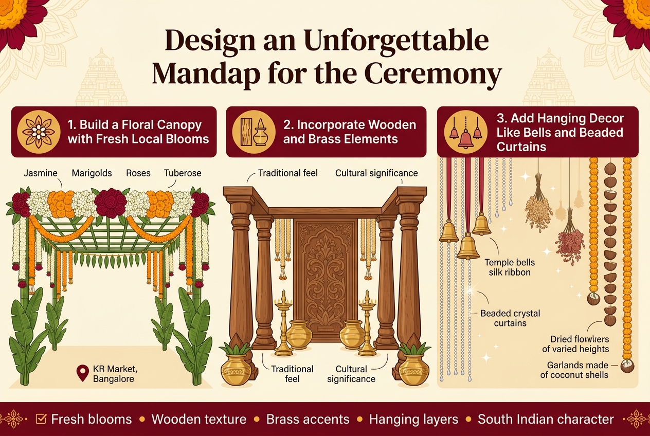 Aspect ratio 3:2, full-bleed clean professional infographic illustration with a rich South Indian wedding aesthetic. Top center bold title in large elegant serif font: "Design an Unforgettable Mandap for the Ceremony". Background in warm ivory with saffron, deep red, and gold accents; subtle floral and temple-inspired patterns. Use a wide three-section horizontal layout across the middle, with clear numbered blocks and matching icons: 1) Left section with a floral icon and canopy illustration. Heading: "1. Build a Floral Canopy with Fresh Local Blooms". Include smaller text lines: "Jasmine", "Marigolds", "Roses", "Tuberose". Show a lush overhead floral canopy on a grid or arch frame, with banana leaves and mango leaf strings woven through it. Use saffron, white, and deep red flowers. Add a small location pin icon labeled "KR Market, Bangalore". 2) Center section with a wood-and-brass icon. Heading: "2. Incorporate Wooden and Brass Elements". Show raw teak wood pillars, brass lamps, brass urns, and four brass kalasams at the corners. Include carved wooden panel backdrop. Use warm brown wood tones and polished gold brass highlights. Add small label text: "Traditional feel", "Cultural significance". 3) Right section with a hanging decor icon. Heading: "3. Add Hanging Decor Like Bells and Beaded Curtains". Show temple bells tied with silk ribbon, beaded crystal curtains catching light, dried floral clusters at varied heights, and coconut shell garlands. Use soft sparkle highlights and layered vertical strands. Bottom band spanning the width with a neat checklist strip and small decorative motifs, labeled: "Fresh blooms • Wooden texture • Brass accents • Hanging layers • South Indian character". Use modern clean sans-serif body text, bold headings, clear spacing, balanced icons, and a polished editorial infographic style.