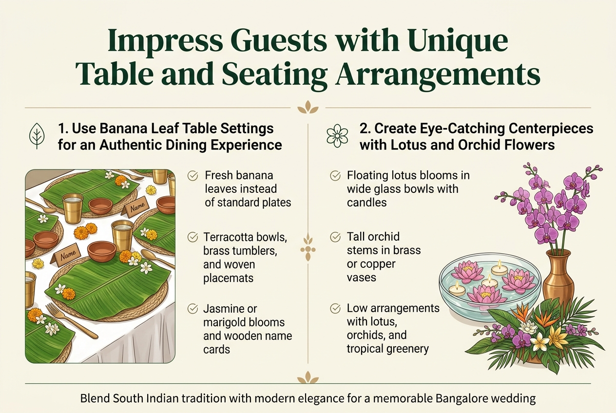Create a full-bleed 3:2 landscape infographic with a clean professional wedding-decor style, soft ivory background, accents of deep green, marigold, terracotta, brass gold, and orchid purple. Use elegant modern serif font for the title and clean sans-serif font for body text. Top center: bold large heading in dark green text: "Impress Guests with Unique Table and Seating Arrangements" Below the title, split the design into two wide horizontal sections with clear dividers and decorative floral accents. LEFT SECTION: "1. Use Banana Leaf Table Settings for an Authentic Dining Experience" Place a large illustration of a wedding table setting on the left half: fresh banana leaves as placemats, small terracotta bowls, brass water tumblers, hand-woven placemats, a white tablecloth underneath, and small jasmine or marigold blooms at the leaf corners. Add a wooden name card beside each setting. Include a small leaf icon marker next to the section heading. Under the heading, include three short bullet points with small checkmark icons: - "Fresh banana leaves instead of standard plates" - "Terracotta bowls, brass tumblers, and woven placemats" - "Jasmine or marigold blooms and wooden name cards" RIGHT SECTION: "2. Create Eye-Catching Centerpieces with Lotus and Orchid Flowers" Place a large centerpiece illustration on the right half: floating lotus blooms in a wide glass bowl with candles, tall orchid stems in a brass or copper vase, and a low floral arrangement with tropical greenery. Add a small flower icon marker next to the section heading. Under the heading, include three short bullet points with small checkmark icons: - "Floating lotus blooms in wide glass bowls with candles" - "Tall orchid stems in brass or copper vases" - "Low arrangements with lotus, orchids, and tropical greenery" Add a small bottom banner across the full width with centered text in dark green: "Blend South Indian tradition with modern elegance for a memorable Bangalore wedding" Use balanced spacing, clear section blocks, subtle line icons, and a polished editorial infographic layout with no vertical poster stack.