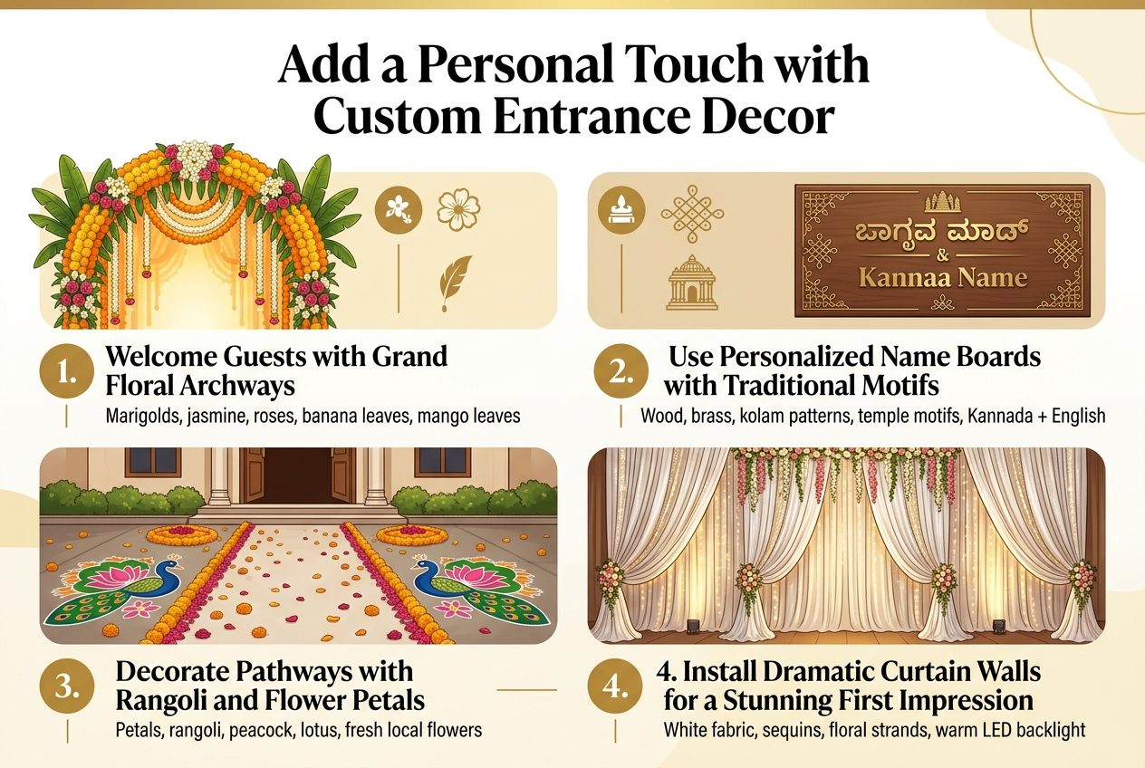 Aspect ratio 3:2, full-bleed horizontal infographic layout with no border, no inset margins, clean professional wedding design in warm South Indian colors: marigold yellow, orange, jasmine white, rose pink, deep green, brass gold. Bold title at top center in elegant modern serif + sans-serif mix: "Add a Personal Touch with Custom Entrance Decor". Under the title, arrange four wide horizontal feature blocks across the canvas in a 2x2 grid, each with a numbered circle icon and a small visual symbol. Block 1 at upper left: large floral archway illustration with marigolds, jasmine strings, roses, banana leaves, mango leaves, warm glowing entrance. Heading text: "1. Welcome Guests with Grand Floral Archways". Small supporting text: "Marigolds, jasmine, roses, banana leaves, mango leaves". Block 2 at upper right: personalized wedding name board made of wood and brass-finished letters, framed with kolam patterns and temple motifs, with Kannada and English names shown as decorative sample text. Heading text: "2. Use Personalized Name Boards with Traditional Motifs". Small supporting text: "Wood, brass, kolam patterns, temple motifs, Kannada + English". Block 3 at lower left: petal-lined walkway leading to an entrance, with rangoli on both sides featuring peacock and lotus motifs, scattered marigold and rose petals. Heading text: "3. Decorate Pathways with Rangoli and Flower Petals". Small supporting text: "Petals, rangoli, peacock, lotus, fresh local flowers". Block 4 at lower right: dramatic curtain wall entrance with flowing white fabric, shimmering sequins, cascading floral strands, warm backlit LEDs, elegant high-end wedding entry. Heading text: "4. Install Dramatic Curtain Walls for a Stunning First Impression". Small supporting text: "White fabric, sequins, floral strands, warm LED backlight". Use clear numbered markers, subtle divider lines, and consistent icon styling. White and cream background with soft gold accents, balanced spacing, polished editorial wedding aesthetic, readable typography, strong visual hierarchy, landscape composition.