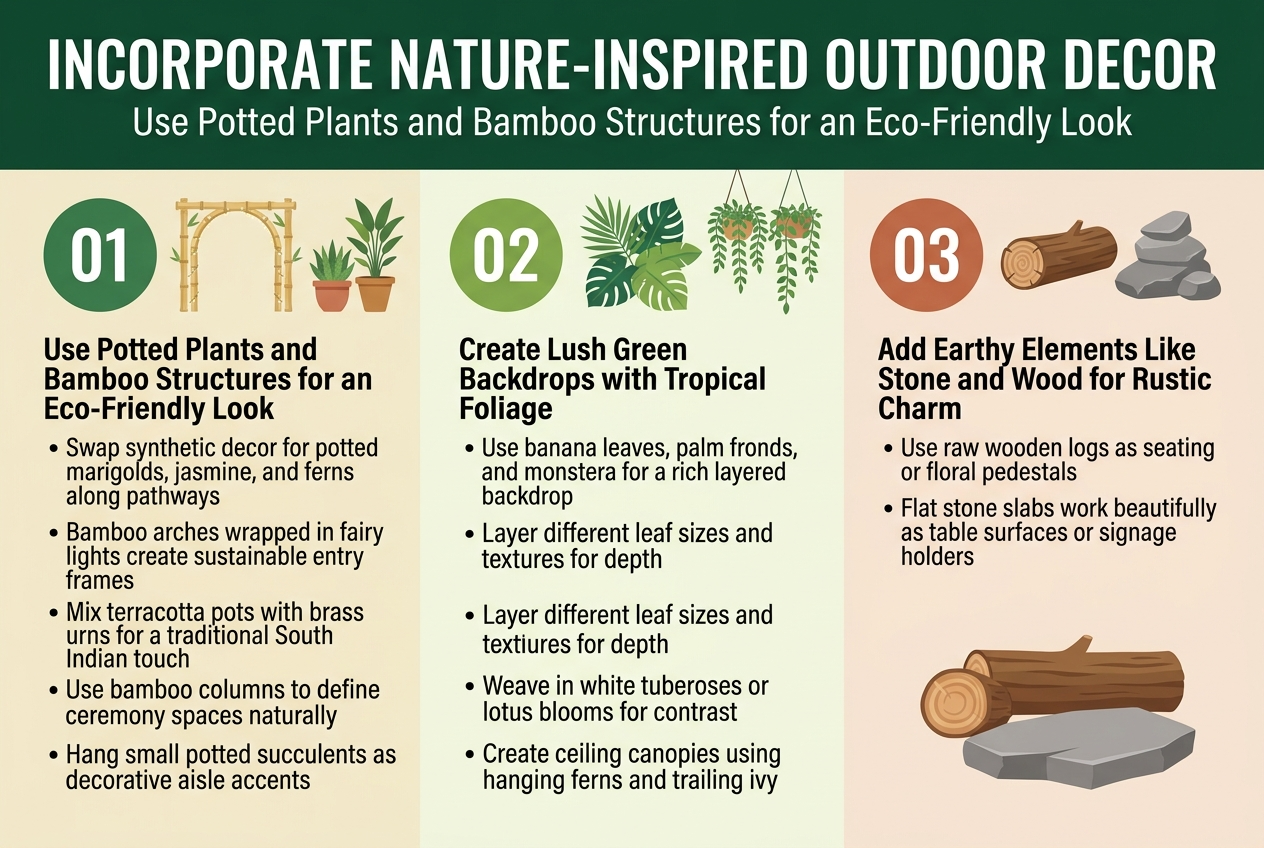 Create a full-bleed landscape infographic illustration in aspect ratio 3:2 with a clean professional layout, wide horizontal sections, and no poster frame. Use a fresh natural color palette of deep green, bamboo beige, terracotta, brass gold, stone gray, and white accents. Use modern sans-serif fonts with a bold heading at the top and clear section headers. Top header across the full width: "INCORPORATE NATURE-INSPIRED OUTDOOR DECOR" Subtitle below in smaller text: "Use Potted Plants and Bamboo Structures for an Eco-Friendly Look" Below the header, organize the infographic into three wide horizontal content blocks with numbered labels and simple visual icons. LEFT BLOCK: Large number icon "01" in a green circle, with a bamboo arch icon and potted plant icons. Section title: "Use Potted Plants and Bamboo Structures for an Eco-Friendly Look" Body text in short bullet lines: "• Swap synthetic decor for potted marigolds, jasmine, and ferns along pathways" "• Bamboo arches wrapped in fairy lights create sustainable entry frames" "• Mix terracotta pots with brass urns for a traditional South Indian touch" "• Use bamboo columns to define ceremony spaces naturally" "• Hang small potted succulents as decorative aisle accents" CENTER BLOCK: Large number icon "02" in a leaf-green circle, with layered tropical leaf icons and hanging foliage. Section title: "Create Lush Green Backdrops with Tropical Foliage" Body text in short bullet lines: "• Use banana leaves, palm fronds, and monstera for a rich layered backdrop" "• Layer different leaf sizes and textures for depth" "• Weave in white tuberoses or lotus blooms for contrast" "• Create ceiling canopies using hanging ferns and trailing ivy" RIGHT BLOCK: Large number icon "03" in a terracotta circle, with wood and stone icons. Section title: "Add Earthy Elements Like Stone and Wood for Rustic Charm" Body text in short bullet lines: "• Use raw wooden logs as seating or floral pedestals" "• Flat stone slabs work beautifully as table surfaces or signage holders