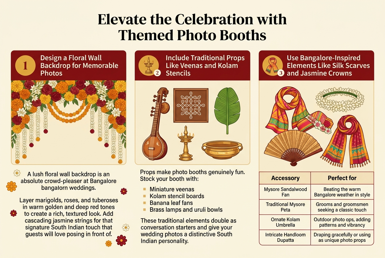Create a full-bleed 3:2 infographic with a warm South Indian wedding aesthetic, rich floral accents, and a clean professional layout. Use a cream background with deep red, marigold gold, jasmine white, and touches of green. Use elegant bold serif for the title and clean sans-serif for body text. Place a large bold heading across the top center: "Elevate the Celebration with Themed Photo Booths" Below the title, arrange three wide horizontal content blocks in a 3-column layout across the page, each with a clear numbered badge, a small decorative icon, and supporting text. LEFT BLOCK, label with a gold circle icon and number "1": Heading: "Design a Floral Wall Backdrop for Memorable Photos" Include a lush floral wall illustration with marigolds, roses, tuberoses, and cascading jasmine strings in warm golden and deep red tones. Add the body text: "A lush floral wall backdrop is an absolute crowd-pleaser at Bangalore weddings. Layer marigolds, roses, and tuberoses in warm golden and deep red tones to create a rich, textured look. Add cascading jasmine strings for that signature South Indian touch that guests will love posing in front of." Add small flower icons around the text. CENTER BLOCK, label with a brass lamp icon and number "2": Heading: "Include Traditional Props Like Veenas and Kolam Stencils" Show a neat arrangement of prop illustrations: a miniature veena, a kolam stencil board, a banana leaf fan, a brass lamp, and an uruli bowl. Use the body text: "Props make photo booths genuinely fun. Stock your booth with:" Then list as bullet points with small square markers: "Miniature veenas" "Kolam stencil boards" "Banana leaf fans" "Brass lamps and uruli bowls" Add the concluding line beneath the bullets: "These traditional elements double as conversation starters and give your wedding photos a distinctive South Indian personality." RIGHT BLOCK, label with a silk scarf icon and number "3": Heading: "Use Bangalore-Inspired Elements Like Silk Scarves and Jasmine Crowns" Show a collage of accessories: silk scarf, jasmine crown, Mysore sandalwood fan, and handloom dupatta, with bright textile patterns and floral details. Include a small 2-column mini table