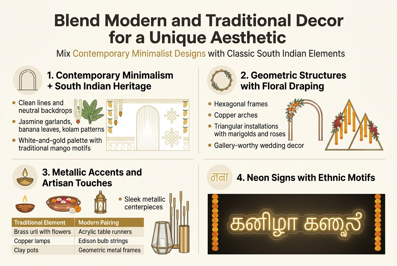 Create a full-bleed infographic illustration in a clean modern editorial style, aspect ratio 3:2, for a Bangalore wedding decor theme. Use a refined palette of warm white, ivory, deep gold, brass, copper, sage green, marigold orange, and soft charcoal. Use elegant sans-serif typography with a bold title and clear section headings. No vertical poster frame; use a wide, balanced multi-section layout with generous horizontal spacing. Top center: large bold heading in dark charcoal text: "Blend Modern and Traditional Decor for a Unique Aesthetic" Directly under the title, add a smaller subtitle in gold and charcoal: "Mix Contemporary Minimalist Designs with Classic South Indian Elements" Main layout: four wide horizontal content blocks across the page in a 2-by-2 grid, each with a distinct icon and visual example. Top left block: Heading: "1. Contemporary Minimalism + South Indian Heritage" Include a minimalist icon of a clean line arch beside jasmine garlands and banana leaves. Show a white-and-gold palette with subtle mango motif borders and kolam-inspired line patterns. Add short text bullets: "Clean lines and neutral backdrops" "Jasmine garlands, banana leaves, kolam patterns" "White-and-gold palette with traditional mango motifs" Top right block: Heading: "2. Geometric Structures with Floral Draping" Include a hexagonal frame icon, copper arch, and triangular installation shapes. Decorate them with hanging marigolds and roses. Add short text bullets: "Hexagonal frames" "Copper arches" "Triangular installations with marigolds and roses" "Gallery-worthy wedding decor" Bottom left block: Heading: "3. Metallic Accents and Artisan Touches" Include icons of a brass diya, copper urli with flowers, and an antique gold lantern. Show sleek metallic centerpieces beside them. Add a small comparison strip with two-column labels: "Traditional Element" and "Modern Pairing" Rows: "Brass urli with flowers" — "Acrylic table runners" "Copper lamps" — "Edison bulb strings" "Clay pots" — "Geometric metal frames" Bottom right block: Heading: "4. Neon Signs with Ethnic Motifs" Include a glowing neon sign with Tamil or Kannada