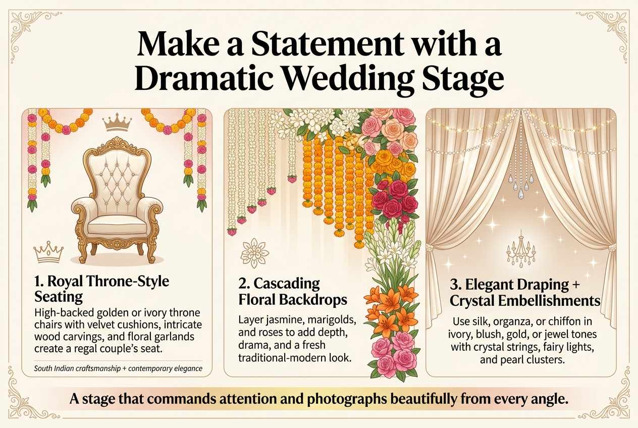 Create a full-bleed 3:2 landscape infographic with a luxurious South Indian wedding aesthetic, in elegant ivory, gold, blush, marigold orange, deep pink, and champagne tones. Use a clean professional editorial style with subtle floral accents, soft gradients, and delicate ornamental borders. Place a bold large title across the top center in a modern serif font: "Make a Statement with a Dramatic Wedding Stage". Below the title, arrange three wide horizontal content blocks in a balanced three-column layout across the center, each with a numbered badge, a clear icon, a heading, and short descriptive text. Keep spacing airy and polished, with no vertical poster framing. Left block: a regal throne chair illustration with a crown icon and floral garlands. Heading text: "1. Royal Throne-Style Seating". Body text: "High-backed golden or ivory throne chairs with velvet cushions, intricate wood carvings, and floral garlands create a regal couple’s seat." Add a small subline in a refined sans-serif: "South Indian craftsmanship + contemporary elegance". Center block: a lush cascading floral stage backdrop with layered flowers at different heights, including jasmine strings, marigolds, roses, white tuberoses, orange blooms, and pink blooms. Heading text: "2. Cascading Floral Backdrops". Body text: "Layer jasmine, marigolds, and roses to add depth, drama, and a fresh traditional-modern look." Use a floral icon and a vertical flow of blooms. Right block: elegant silk draping descending from a central point with crystal drops, fairy lights, and pearl clusters. Heading text: "3. Elegant Draping + Crystal Embellishments". Body text: "Use silk, organza, or chiffon in ivory, blush, gold, or jewel tones with crystal strings, fairy lights, and pearl clusters." Include a chandelier crystal icon and shimmering highlights. Along the bottom, add a slim highlighted band with the closing statement in bold: "A stage that commands attention and photographs beautifully from every angle." Use tasteful decorative motifs, symmetrical composition, and high-end wedding decor styling. </