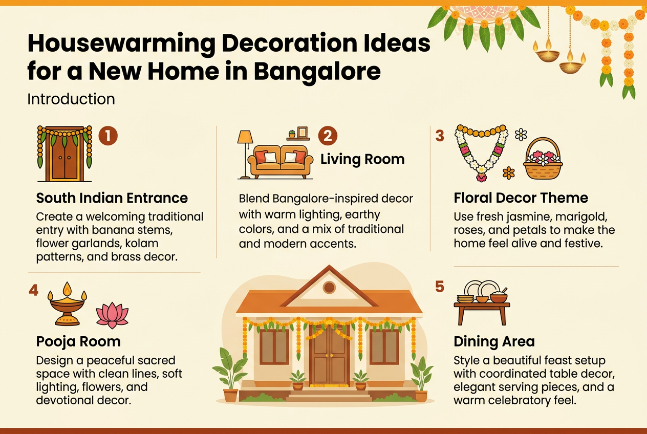 Aspect ratio 3:2, full-bleed horizontal infographic, clean modern professional design with warm South Indian color palette: marigold orange, jasmine white, banana leaf green, gold accents, deep terracotta, soft cream background. Bold title at the top left in large modern sans-serif font: "Housewarming Decoration Ideas for a New Home in Bangalore". Small subtitle beneath it in medium font: "Introduction". Use a wide, balanced 5-section layout across the page with clear numbered blocks and simple icons.

Top header area: subtle festive border with rangoli pattern, mango leaves, brass diya lamps, and flower garlands.

Main content in five horizontal or grid sections with numbered circles and icons:
1. Left section, icon of a decorated doorway with mango leaves and toran. Heading text: "South Indian Entrance". Body text: "Create a welcoming traditional entry with banana stems, flower garlands, kolam patterns, and brass decor."
2. Upper middle section, icon of a cozy sofa with cushions and a lamp. Heading text: "Living Room". Body text: "Blend Bangalore-inspired decor with warm lighting, earthy colors, and a mix of traditional and modern accents."
3. Upper right section, icon of a floral garland and flower basket. Heading text: "Floral Decor Theme". Body text: "Use fresh jasmine, marigold, roses, and petals to make the home feel alive and festive."
4. Lower left section, icon of a prayer lamp and lotus. Heading text: "Pooja Room". Body text: "Design a peaceful sacred space with clean lines, soft lighting, flowers, and devotional decor."
5. Lower right section, icon of a dining table with plates and serving bowls. Heading text: "Dining Area". Body text: "Style a beautiful feast setup with coordinated table decor, elegant serving pieces, and a warm celebratory feel."

Add a subtle central visual of a welcoming Bangalore home with traditional housewarming decor, tying