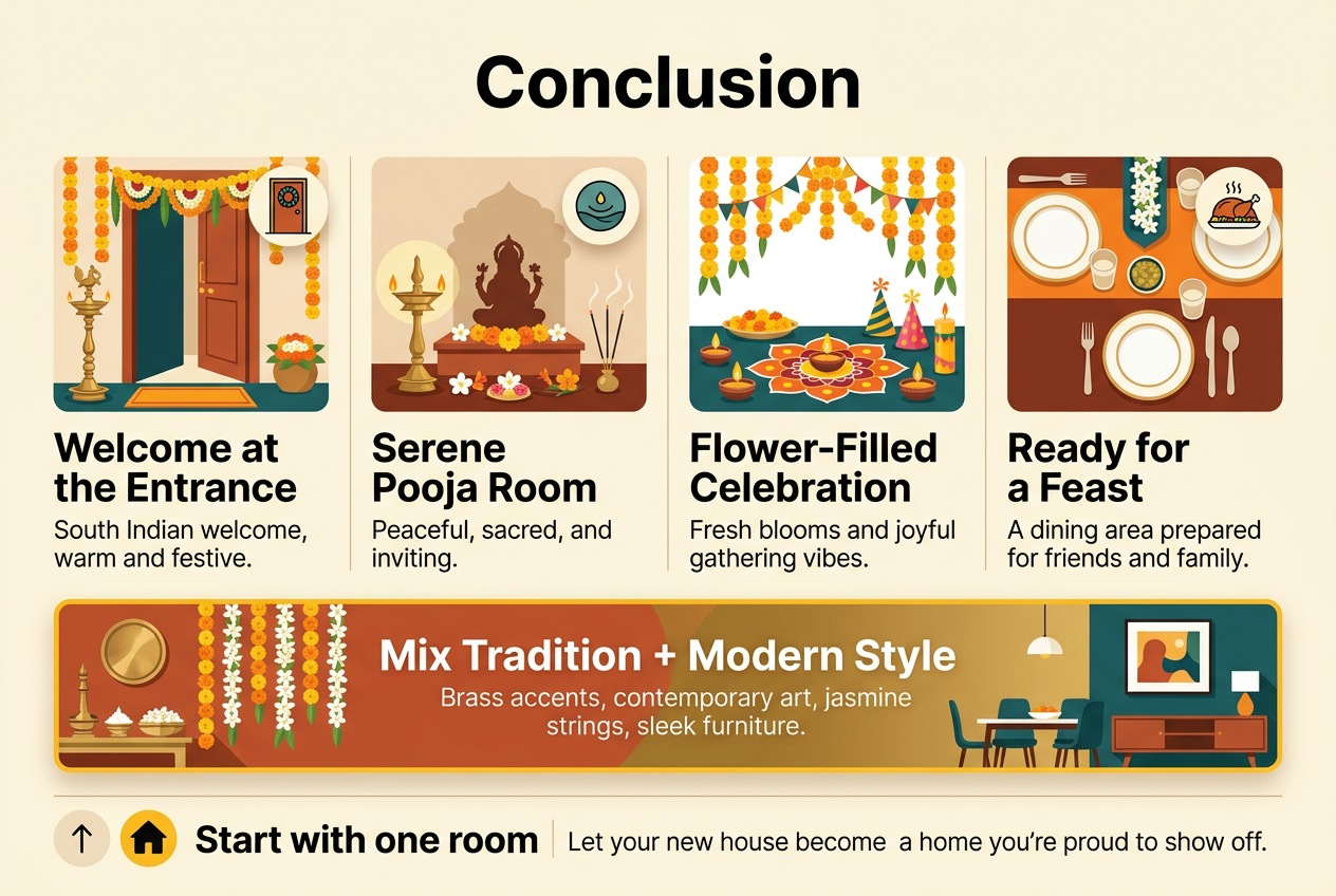 Aspect ratio 3:2, full-bleed infographic illustration, clean professional modern style with warm Indian home decor accents, soft cream background, saffron, terracotta, brass gold, deep teal, and fresh jasmine white. Large bold heading at top center: "Conclusion". Below the heading, a wide horizontal 4-section layout with clear visual hierarchy and evenly spaced blocks, not a vertical stack.

Left-to-right sections:
1) Left section: a welcoming home entrance with a South Indian-style toran, brass lamp, flower garlands, and a small icon of a door with a wreath. Title text: "Welcome at the Entrance". Small body text: "South Indian welcome, warm and festive."
2) Second section: a serene pooja room with a lamp, deity silhouette, flowers, incense, and a calm circular icon. Title text: "Serene Pooja Room". Small body text: "Peaceful, sacred, and inviting."
3) Third section: a celebration setup with flower strings, rangoli, candles, and party decor in a bright floral block. Title text: "Flower-Filled Celebration". Small body text: "Fresh blooms and joyful gathering vibes."
4) Right section: a dining space with a set table, plates, cutlery, and a feast icon. Title text: "Ready for a Feast". Small body text: "A dining area prepared for friends and family."

Across the lower middle, a highlighted wide banner with mixed traditional and modern decor elements: brass accents, jasmine strings, sleek furniture, and a contemporary art frame. Include a split visual of traditional and modern elements blending together. Banner text: "Mix Tradition + Modern Style". Subtext: "Brass accents, contemporary art, jasmine strings, sleek furniture."

Bottom area in a clean callout strip with a small upward arrow icon and a home icon. Include the text: "Start with one room" and "Let your new house become a home you’re proud to show off."

Use bold sans-serif fonts for headings, smaller readable sans-serif for body text, strong iconography for each section, balanced spacing, subtle dividers, elegant shadows, and a polished editorial infographic look.
