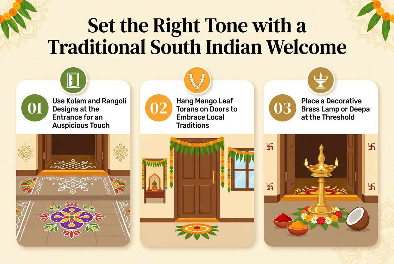 Aspect ratio 3:2, full-bleed infographic illustration with a clean professional Indian festive aesthetic, warm cream background with accents of green, marigold orange, red, and brass gold. Large bold title at the top center in elegant modern serif and sans-serif mix: "Set the Right Tone with a Traditional South Indian Welcome"

Use a wide horizontal 3-section layout across the lower two-thirds, with each section in a rounded rectangular block with subtle shadow, clear numbering, and matching icons. Include decorative South Indian motifs, but keep the layout spacious and readable.

Left section:
Large number circle "01" and a small entrance icon. Heading: "Use Kolam and Rangoli Designs at the Entrance for an Auspicious Touch"
Show a doorstep with a freshly drawn white kolam and colorful rangoli patterns, geometric dot pattern and floral pattern elements, rice flour texture, clean lines, festive floor design.

Center section:
Large number circle "02" and a garland icon. Heading: "Hang Mango Leaf Torans on Doors to Embrace Local Traditions"
Show a main door with a green mango leaf toran threaded with marigold flowers, also smaller garlands on a pooja room doorway and window frame, lush green leaves, bright orange marigolds, prosperity-themed festive look.

Right section:
Large number circle "03" and a brass lamp icon. Heading: "Place a Decorative Brass Lamp or Deepa at the Threshold"
Show a polished brass deepa at the entrance lit with a steady ghee flame, surrounded by a small flower arrangement, red kumkum and turmeric powder offerings, and a coconut placed nearby.

Use clear hierarchy: bold headings, smaller body text only for the section titles, strong visual symbols for each point, balanced spacing, high-detail flat illustration with subtle traditional Indian patterns, no people, no watermark, no poster frame, no vertical stack.