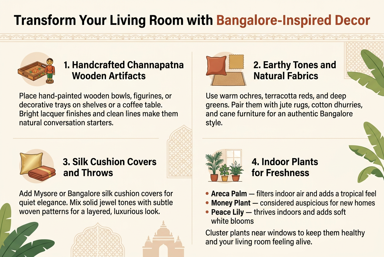 Create a clean, modern infographic illustration in a 3:2 aspect ratio with a full-bleed layout and no frame. Use a warm Bangalore-inspired color palette of terracotta, ochre, deep green, cream, and silk gold. Use elegant sans-serif typography with a bold headline and clear section hierarchy.

Top header across the full width:
"Transform Your Living Room with Bangalore-Inspired Decor"
Add a subtle decorative line motif inspired by Indian textile patterns beneath the title.

Arrange the content in 4 wide horizontal sections or 2x2 blocks with icons and short text, using plenty of white space and balanced spacing.

Section 1 at upper left:
A small icon of a hand-painted wooden tray and toy figurine.
Heading: "1. Handcrafted Channapatna Wooden Artifacts"
Body text: "Place hand-painted wooden bowls, figurines, or decorative trays on shelves or a coffee table. Bright lacquer finishes and clean lines make them natural conversation starters."

Section 2 at upper right:
A small icon of a cushion, wall swatch, and jute rug.
Heading: "2. Earthy Tones and Natural Fabrics"
Body text: "Use warm ochres, terracotta reds, and deep greens. Pair them with jute rugs, cotton dhurries, and cane furniture for an authentic Bangalore style."

Section 3 at lower left:
A small icon of a silk cushion and folded throw.
Heading: "3. Silk Cushion Covers and Throws"
Body text: "Add Mysore or Bangalore silk cushion covers for quiet elegance. Mix solid jewel tones with subtle woven patterns for a layered, luxurious look."

Section 4 at lower right:
A small icon of three indoor plants in pots near a window.
Heading: "4. Indoor Plants for Freshness"
Body text with three bullet points:
"Areca Palm — filters indoor air and adds a tropical feel"
"Money Plant — considered auspicious for new homes"
"Peace Lily — thrives indoors and adds soft white blooms"
Add a final line below the bullets: "Cluster plants near windows to keep them healthy and your living room feeling alive."

Use soft illustrated decor accents in the background such as