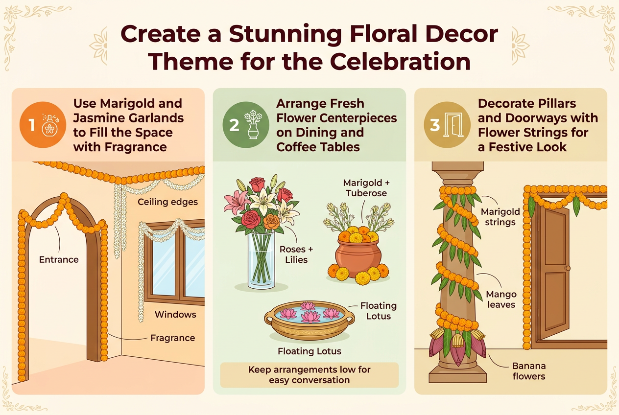 Create a full-bleed landscape infographic illustration in a 3:2 aspect ratio with a clean professional Indian festive aesthetic, warm orange, cream, green, and soft gold color palette, modern sans-serif fonts with bold headings, subtle decorative floral motifs, and clear visual hierarchy.

Top center: large bold title text in dark maroon, exactly: "Create a Stunning Floral Decor Theme for the Celebration"

Below the title, arrange three wide horizontal content blocks across the page in a clean 3-column layout with numbered circles and icons, using balanced spacing and no narrow vertical stack.

Left block:
A circular orange number badge with "1" and a small fragrance/floral icon. Heading text: "Use Marigold and Jasmine Garlands to Fill the Space with Fragrance"
Show bright orange marigold garlands draped along an entrance arch, window frame, and ceiling edge, paired with delicate white jasmine strands. Include small visual labels in simple text: "Entrance", "Windows", "Ceiling edges", "Fragrance". Add a warm glowing festive look.

Center block:
A circular green number badge with "2" and a flower vase icon. Heading text: "Arrange Fresh Flower Centerpieces on Dining and Coffee Tables"
Show three low table centerpiece vignettes in one block: a tall glass vase with roses and lilies, a terracotta pot with marigold and tuberose bunches, and a shallow bowl with floating lotus blooms. Include small labels: "Roses + Lilies", "Marigold + Tuberose", "Floating Lotus". Add a small note in a highlighted strip: "Keep arrangements low for easy conversation".

Right block:
A circular gold number badge with "3" and a doorway/pillar icon. Heading text: "Decorate Pillars and Doorways with Flower Strings for a Festive Look"
Show a pillar and doorway wrapped with thick marigold strings twisted with mango leaves, with banana flowers at the base of the pillar. Include labels: "Marigold strings", "Mango leaves", "Banana flowers". Give it a traditional South Indian celebratory look with a photogenic finish.

Use subtle floral border accents along the top and