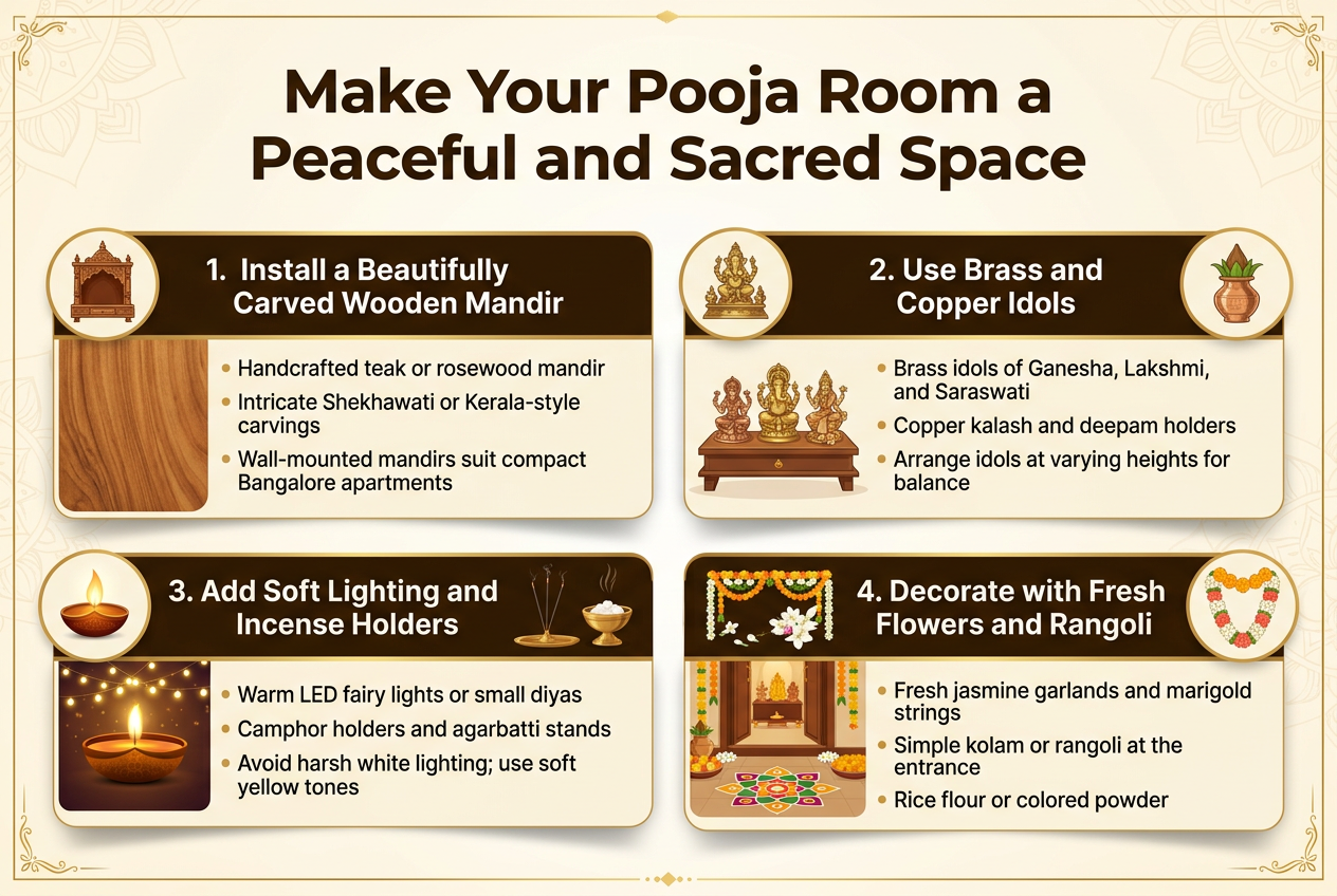 Aspect ratio 3:2, full-bleed infographic illustration, clean professional South Indian home decor style, warm elegant color palette of gold, deep brown, brass, cream, and soft marigold accents, subtle temple-inspired background patterns, modern sans-serif typography with bold heading and clear section labels.

Top center large bold title text: "Make Your Pooja Room a Peaceful and Sacred Space"

Below the title, create four wide horizontal content blocks arranged in a two-by-two grid with icons and short text, using balanced spacing and clear visual hierarchy.

1) Top left block with a carved wooden mandir icon and warm wood texture:
Section heading text: "1. Install a Beautifully Carved Wooden Mandir"
Body text: "Handcrafted teak or rosewood mandir"
Body text: "Intricate Shekhawati or Kerala-style carvings"
Body text: "Wall-mounted mandirs suit compact Bangalore apartments"

2) Top right block with brass and copper idol icons on a small altar:
Section heading text: "2. Use Brass and Copper Idols"
Body text: "Brass idols of Ganesha, Lakshmi, and Saraswati"
Body text: "Copper kalash and deepam holders"
Body text: "Arrange idols at varying heights for balance"

3) Bottom left block with a glowing diya, fairy lights, incense holder, and camphor holder:
Section heading text: "3. Add Soft Lighting and Incense Holders"
Body text: "Warm LED fairy lights or small diyas"
Body text: "Camphor holders and agarbatti stands"
Body text: "Avoid harsh white lighting; use soft yellow tones"

4) Bottom right block with flowers, garlands, and rangoli at a pooja room entrance:
Section heading text: "4. Decorate with Fresh Flowers and Rangoli"
Body text: "Fresh jasmine garlands and marigold strings"
Body text: "Simple kolam or rangoli at the entrance"
Body text: "Rice flour or colored powder"

Use small matching icons next to each section heading: carved wooden mandir icon, brass idol icon, glowing diya icon, flower garland and rangoli icon. Add subtle decorative borders, soft shadows, and gold divider lines. Keep the