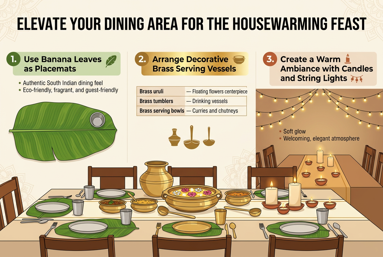 Create a full-bleed infographic illustration in a 3:2 aspect ratio, with a warm South Indian housewarming feast theme. Use a clean professional layout with a bold title at the top: "Elevate Your Dining Area for the Housewarming Feast". Use a rich palette of banana leaf green, warm brass gold, clay terracotta, cream, and soft warm white. Use elegant modern sans-serif typography with strong visual hierarchy.

Divide the infographic into 3 wide horizontal sections or side-by-side blocks across the page, each with a clear numbered marker and icon.

Section 1 on the left: a large banana leaf placemat illustration on a dining table setting, with a small steel tumbler and simple serving plate. Add the heading text: "1. Use Banana Leaves as Placemats". Include short supporting text: "Authentic South Indian dining feel" and "Eco-friendly, fragrant, and guest-friendly". Add a small leaf icon.

Section 2 in the center: a decorative arrangement of brass pots, brass bowls, brass ladles, and a brass uruli with floating flowers. Add the heading text: "2. Arrange Decorative Brass Serving Vessels". Include a small table or mini label box with three rows of text:
"Brass uruli — Floating flowers centerpiece"
"Brass tumblers — Drinking vessels"
"Brass serving bowls — Curries and chutneys"
Use a brass vessel icon and warm golden highlights.

Section 3 on the right: a cozy dining table ambiance with warm-toned string lights draped in a loose canopy above, pillar candles and tea lights in small clay holders along the center of the table. Add the heading text: "3. Create a Warm Ambiance with Candles and String Lights". Include short supporting text: "Soft glow" and "Welcoming, elegant atmosphere". Add a candle icon and string light icon.

Show a beautifully set dining table running across the lower half of the infographic, with the three ideas visually integrated into one festive scene. Use subtle decorative South Indian motifs in the background, but keep the layout uncluttered, balanced, and easy to read. Make the title bold and prominent