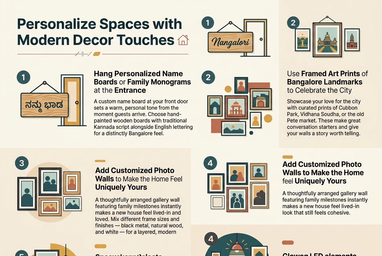 Create a clean, modern infographic illustration in a 3:2 aspect ratio, full-bleed layout with no frame, using a warm contemporary palette of deep teal, mustard, terracotta, soft cream, charcoal, and light wood tones. Use a bold sans-serif heading at the top left with a subtle decorative line and small house icon.

Top heading text:
"Personalize Spaces with Modern Decor Touches"

Below the heading, organize the infographic into four wide horizontal sections or two-by-two blocks across the page, each with a numbered circle, a clear icon, a short subheading, and concise body text. Use elegant modern typography with strong hierarchy, dark text on a light background, and small accent color highlights.

Section 1, left top:
Numbered circle "1"
Icon: a wooden name board with script lettering and a doorway outline
Subheading:
"Hang Personalized Name Boards or Family Monograms at the Entrance"
Body text:
"A custom name board at your front door sets a warm, personal tone from the moment guests arrive. Choose hand-painted wooden boards with traditional Kannada script alongside English lettering for a distinctly Bangalore feel."

Section 2, right top:
Numbered circle "2"
Icon: framed city landmark prints in a gallery frame
Subheading:
"Use Framed Art Prints of Bangalore Landmarks to Celebrate the City"
Body text:
"Showcase your love for the city with curated prints of Cubbon Park, Vidhana Soudha, or the old Pete market. These make great conversation starters and give your walls a story worth telling."

Section 3, left bottom:
Numbered circle "3"
Icon: a gallery wall of mixed photo frames in black metal, natural wood, and white
Subheading:
"Add Customized Photo Walls to Make the Home Feel Uniquely Yours"
Body text:
"A thoughtfully arranged gallery wall featuring family milestones instantly makes a new house feel lived-in and loved. Mix different frame sizes and finishes — black metal, natural wood, and white — for a layered, modern look that still feels cohesive."

Section 4, right bottom:
Numbered circle "4"
Icon: glowing LED