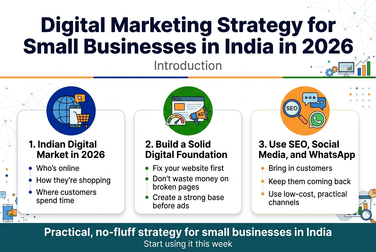 Create a clean, modern full-bleed infographic illustration in a 3:2 aspect ratio, landscape layout, with a white background and bold Indian-inspired accent colors: deep blue, saffron, green, and teal. Use a professional sans-serif font with strong hierarchy.

Top header across the full width:
- Large bold title in dark navy: