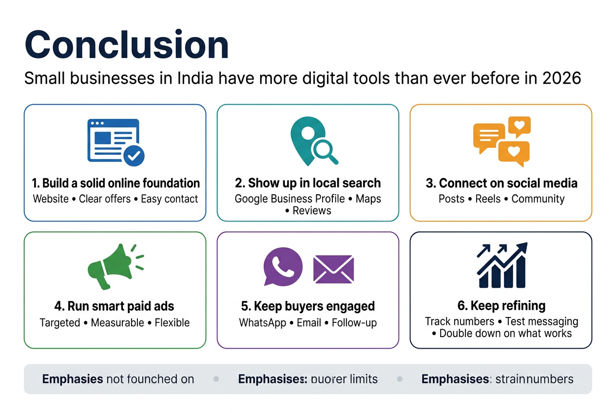 Create a clean, professional infographic illustration in a 3:2 aspect ratio, full-bleed layout with no frame, using a modern Indian business color palette of deep blue, teal, saffron, white, and light gray. Use a bold sans-serif heading at the top left in dark navy.

Top heading text: