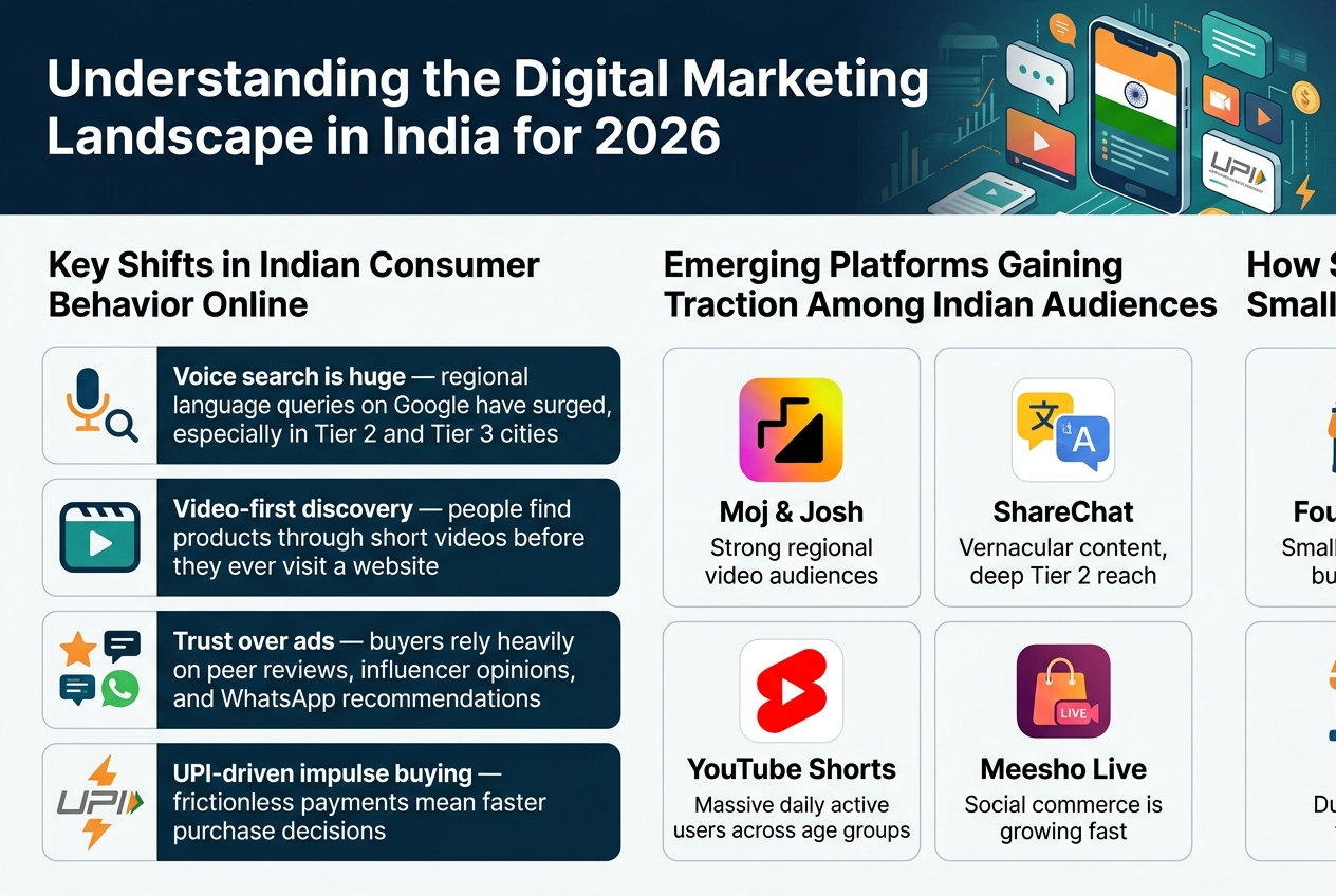 Create a clean, professional full-bleed infographic in a 3:2 aspect ratio about the Indian digital marketing landscape in 2026. Use a modern flat-vector style, crisp typography, and a strong visual hierarchy with a deep navy, teal, saffron, white, and light gray palette. Use bold sans-serif fonts for headings and smaller readable sans-serif text for body copy. No frame, no poster border, wide horizontal layout with multiple sections arranged in columns and blocks.

Top header across the full width:
Title in large bold text: