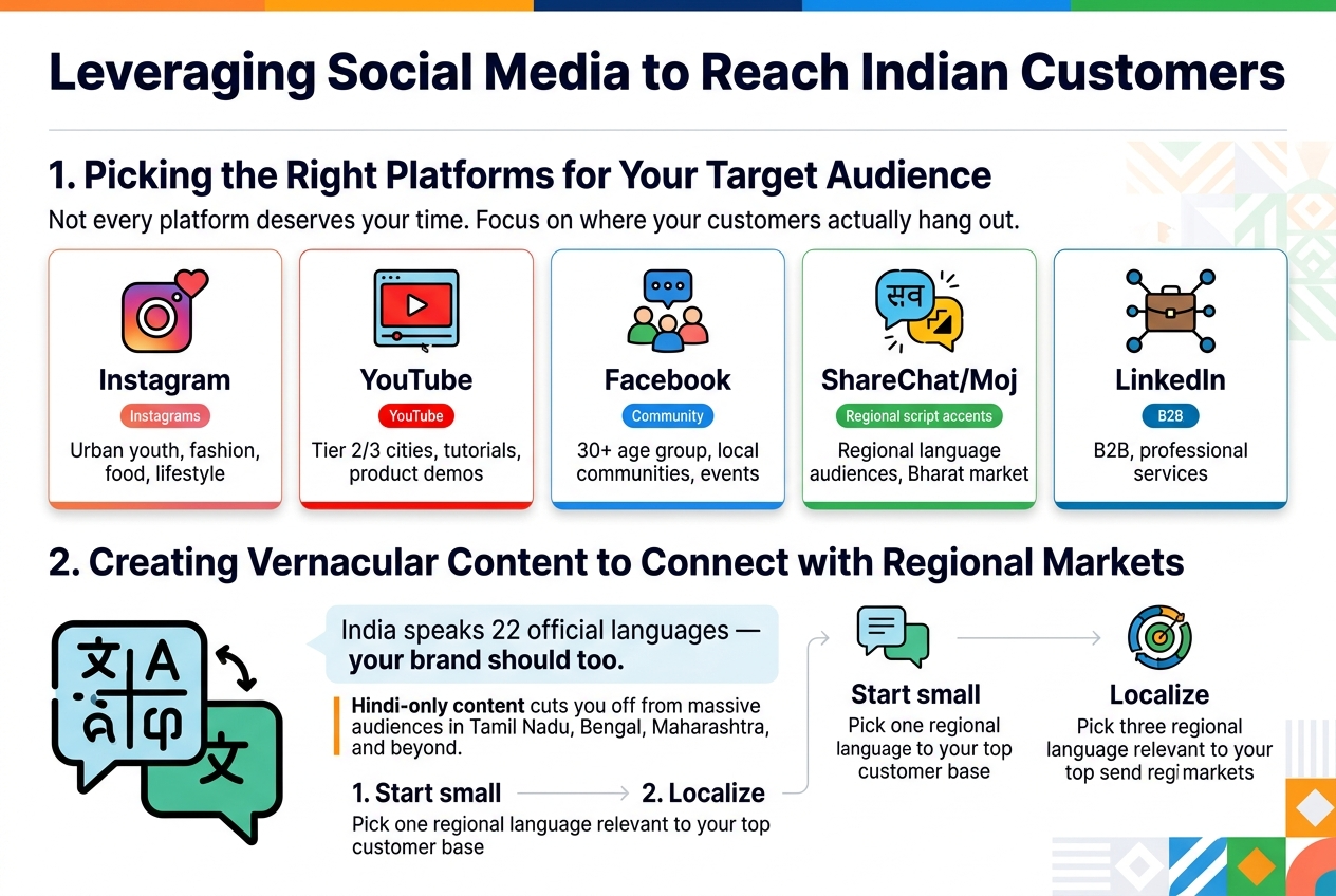 Create a clean, professional wide infographic in a 3:2 aspect ratio with a full-bleed layout, no frame, no inset margins, and a modern Indian digital marketing style. Use a bold dark navy title at the top spanning the full width: