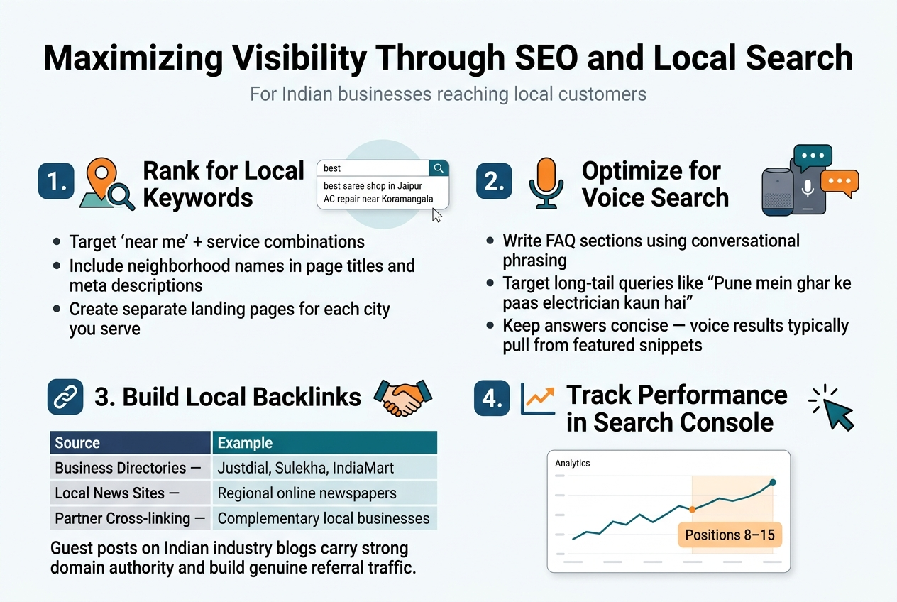 Create a full-bleed professional infographic in a 3:2 aspect ratio with a clean white background, deep blue and teal accents, orange highlight color, and modern sans-serif fonts. Place a bold top heading across the upper third: &ldquo;Maximizing Visibility Through SEO and Local Search&rdquo;. Add a small subtitle under it in lighter text: &ldquo;For Indian businesses reaching local customers&rdquo;.

Use a wide horizontal layout with four main sections arranged in a 2x2 grid, each with a numbered badge, an icon, and short bullet points.

Section 1 on the upper left: title &ldquo;1. Rank for Local Keywords&rdquo; with a map pin icon and a magnifying glass icon. Include a small illustrated search bar with text examples: &ldquo;best saree shop in Jaipur&rdquo;, &ldquo;AC repair near Koramangala&rdquo;. Add three bullet points:
- &ldquo;Target &lsquo;near me&rsquo; + service combinations&rdquo;
- &ldquo;Include neighborhood names in page titles and meta descriptions&rdquo;
- &ldquo;Create separate landing pages for each city you serve&rdquo;

Section 2 on the upper right: title &ldquo;2. Optimize for Voice Search&rdquo; with a microphone icon and speech bubble icons. Include a small illustration of a phone or smart speaker. Add three bullet points:
- &ldquo;Write FAQ sections using conversational phrasing&rdquo;
- &ldquo;Target long-tail queries like &lsquo;Pune mein ghar ke paas electrician kaun hai&rsquo;&rdquo;
- &ldquo;Keep answers concise &mdash; voice results typically pull from featured snippets&rdquo;

Section 3 on the lower left: title &ldquo;3. Build Local Backlinks&rdquo; with a chain link icon and a handshake icon. Show a compact table-like block with three rows and two columns labeled &ldquo;Source&rdquo; and &ldquo;Example&rdquo;. The rows should read:
- &ldquo;Business Directories &mdash; Justdial, Sulekha, IndiaMart&rdquo;
- &ldquo;Local News Sites &mdash; Regional online newspapers&rdquo;
- &ldquo;Partner Cross-linking &mdash; Complementary local businesses&rdquo;
Add a final line beneath the table: &ldquo;Guest posts on Indian industry blogs carry strong domain authority and build genuine referral traffic.&rdquo;

Section 4 on the lower right: title &ldquo;4. Track Performance in Search Console&rdquo; with a line chart icon and cursor/click icon. Show a small analytics chart with an upward trend line and a highlighted range labeled &ldquo;Positions 8&ndash;15&rdquo;. Add three bullet points: