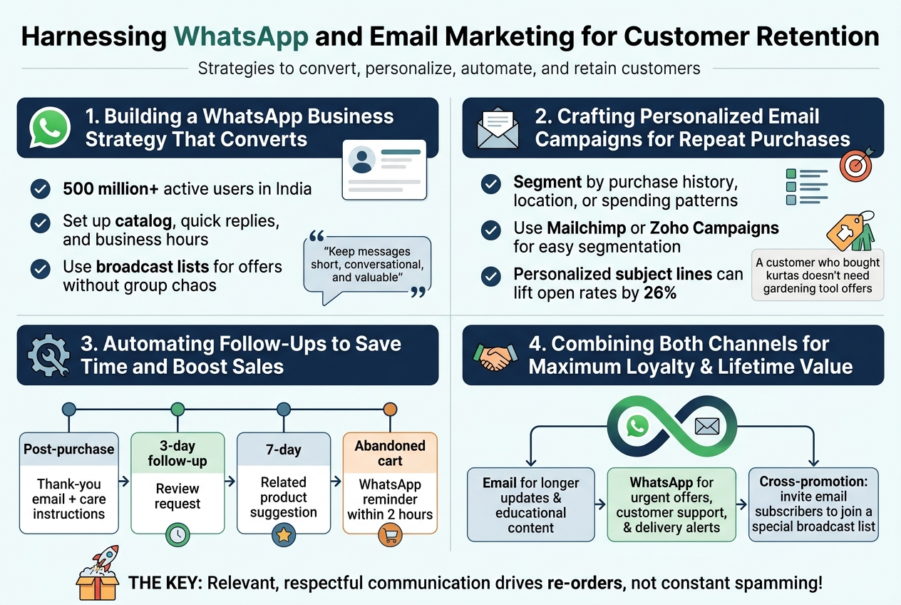 Create a clean, modern full-bleed infographic illustration in a 3:2 aspect ratio with a professional Indian business marketing style, using navy blue, teal, green, white, and warm orange accents, crisp sans-serif fonts, bold hierarchy, and subtle flat vector icons.

Top header across the full width:
Large bold title centered: