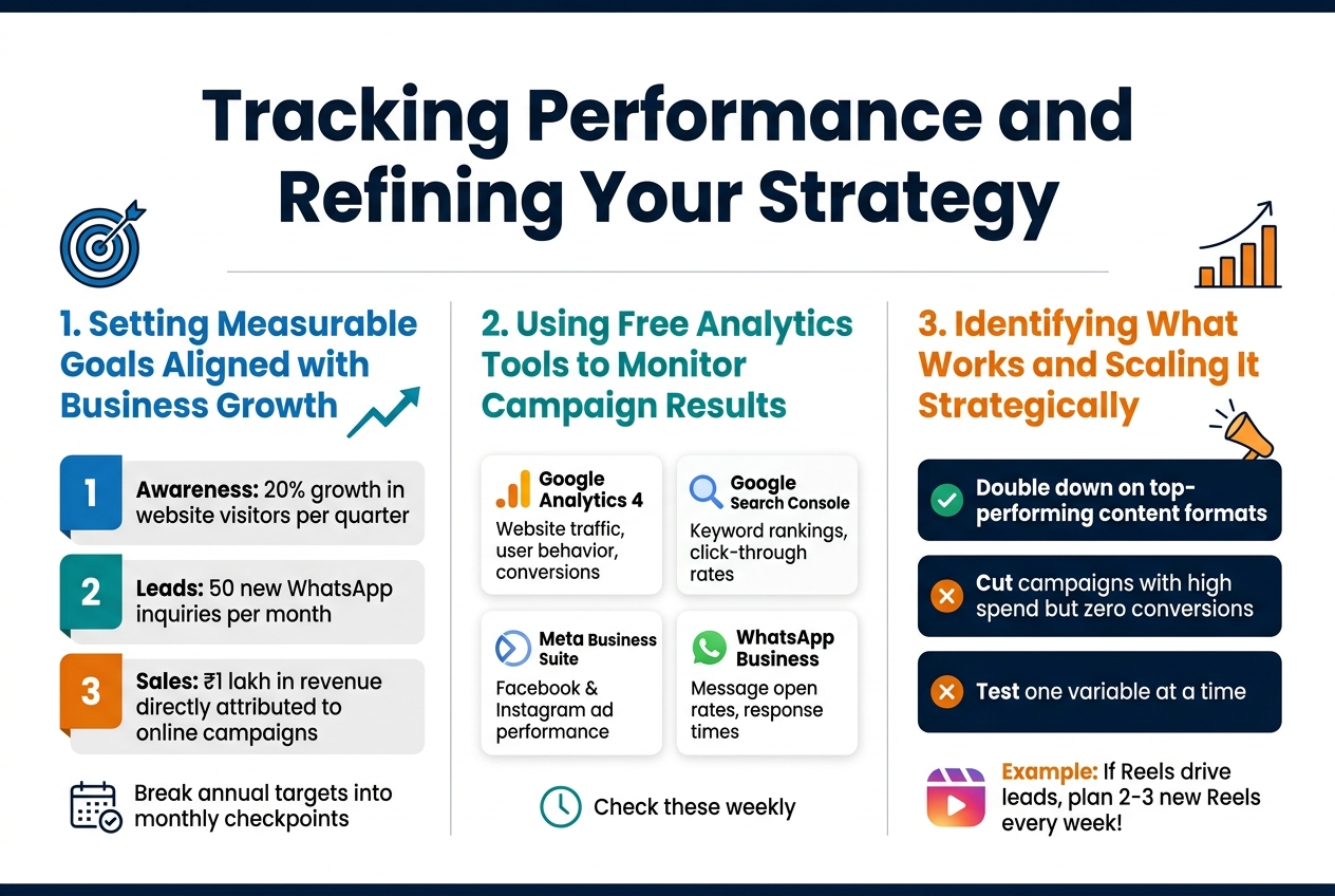 Create a clean professional infographic in full-bleed landscape format, aspect ratio 3:2, with a modern digital marketing style. Use a white background with deep navy, teal, blue, and orange accents. Use bold sans-serif typography for headings and clear smaller sans-serif text for body content. Layout should be wide and balanced, not a vertical poster.

Top center: large bold title in dark navy text: